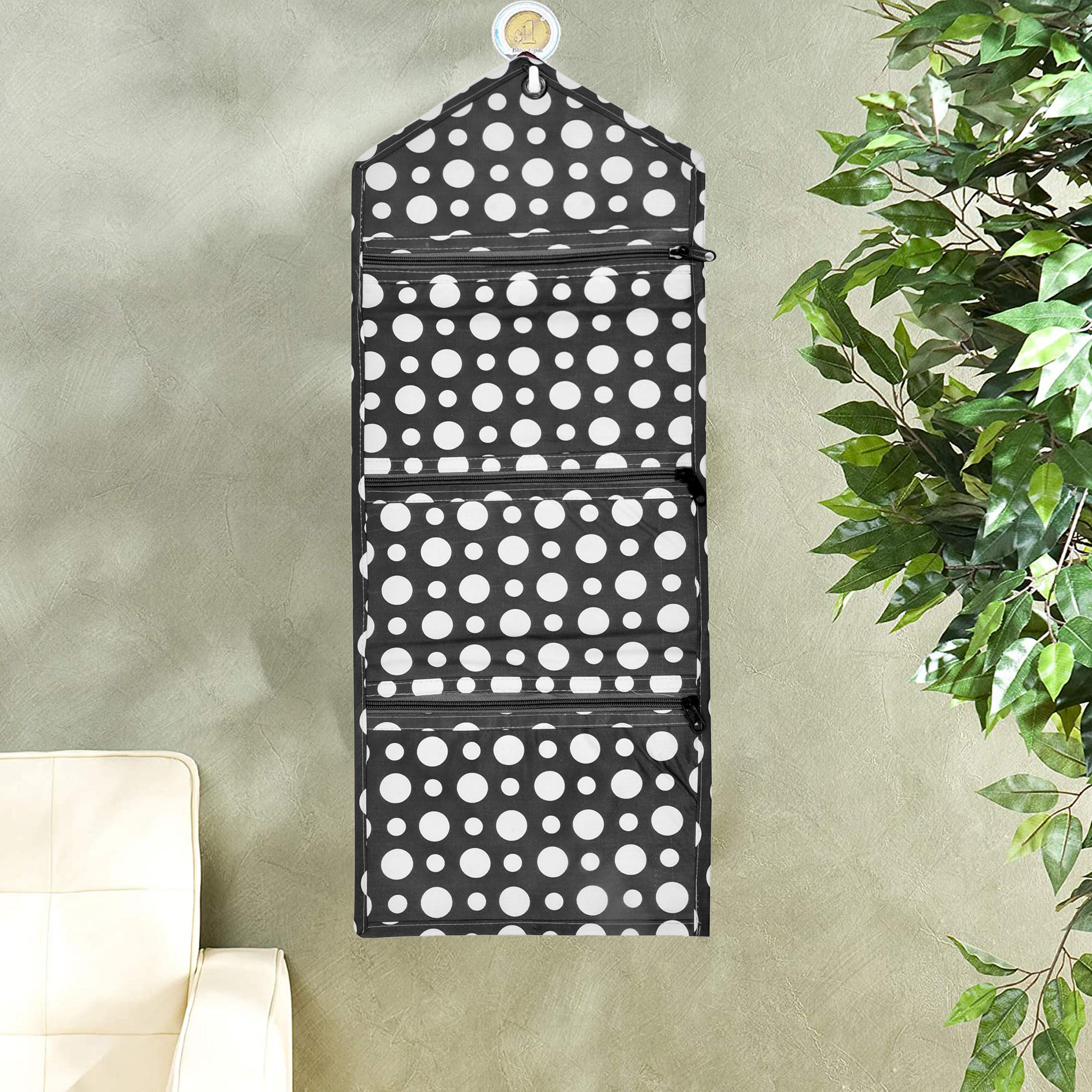 Kuber Industries Dot Printed Wall Hanging Magazine Letter Holder/Organizer With 3 Zipper Pockets (Black & White)-HS43KUBMART25743