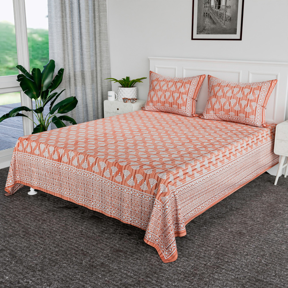 Image of Double Bedsheet | Premium Cotton Bedsheet with 2 Pillow Covers | Bedsheet for Bedroom | Bedsheet for Double Bed | Triangle Border Heritage | 90x108 Inch | Orange