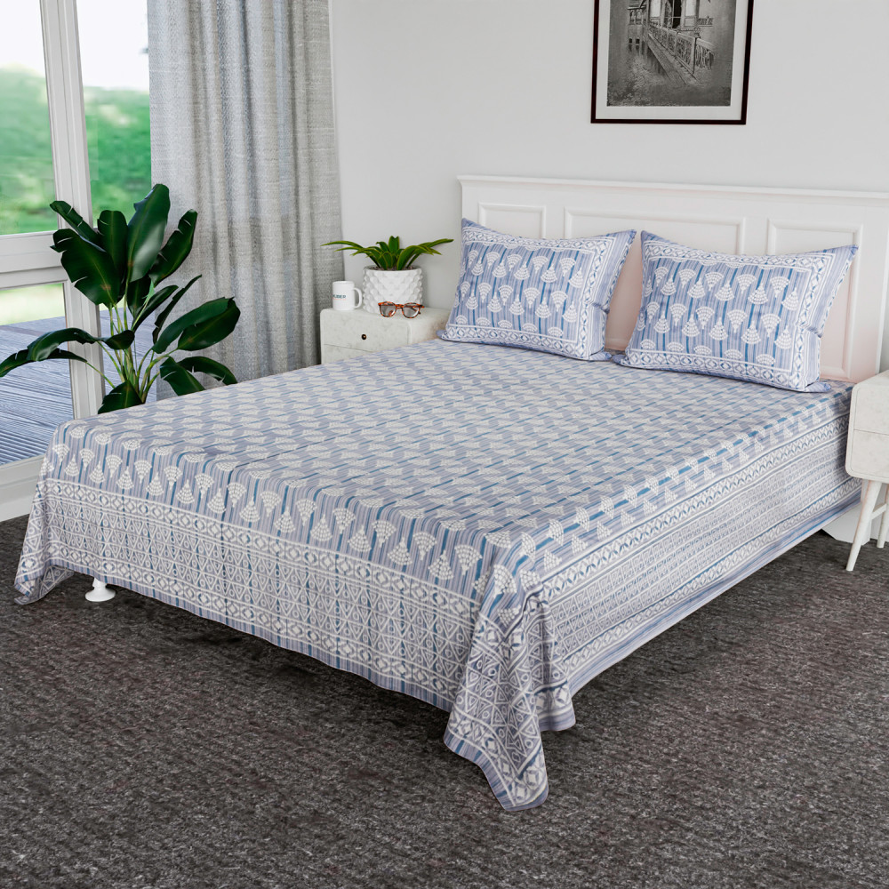 Image of Double Bedsheet | Premium Cotton Bedsheet with 2 Pillow Covers | Bedsheet for Bedroom | Bedsheet for Double Bed | Triangle Border Heritage | 90x108 Inch | Gray