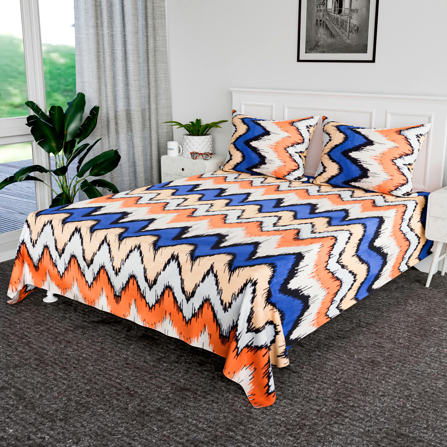 Kuber Industries Double Bedsheet  Premium Cotton Bedsheet with 2 Pillow Covers  Bedsheet for Bedroom  Bedsheet for Double Bed  ZIg Zag Box-Design Bedsheet  Multi