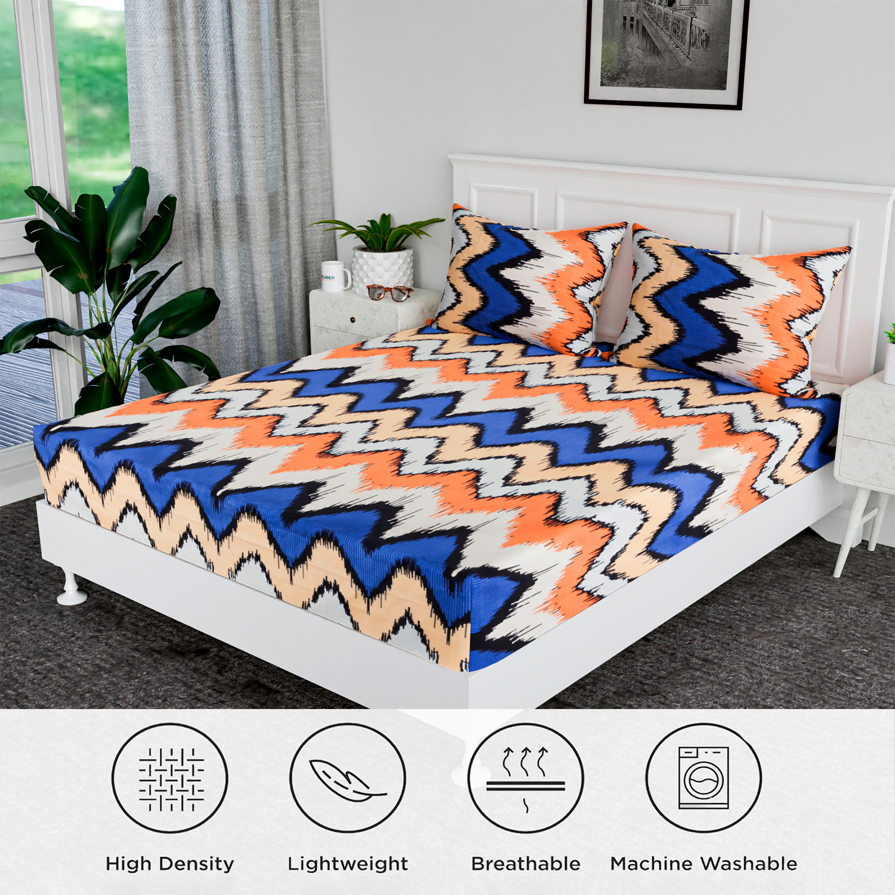 Kuber Industries Double Bedsheet  Premium Cotton Bedsheet with 2 Pillow Covers  Bedsheet for Bedroom  Bedsheet for Double Bed  ZIg Zag Box-Design Bedsheet  Multi