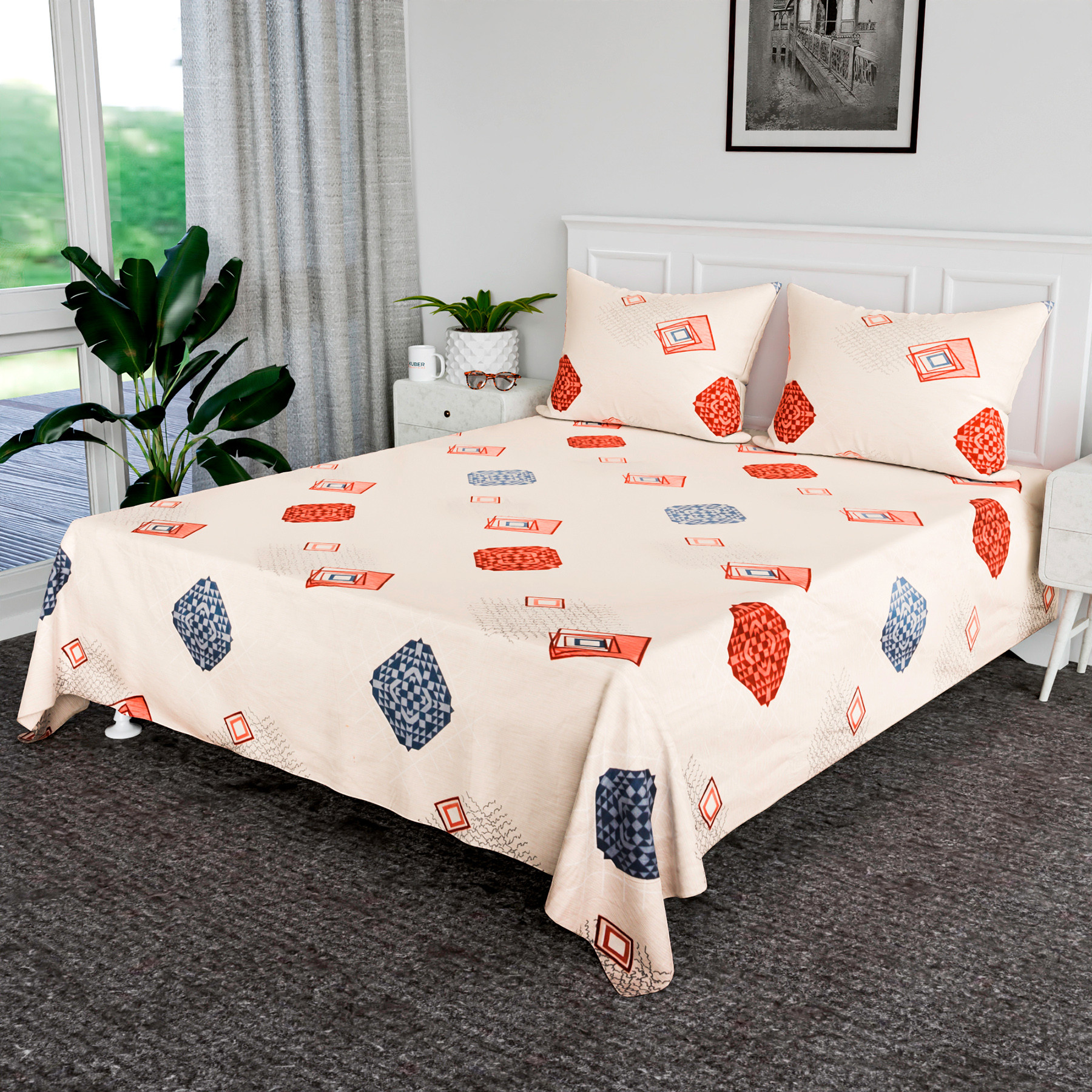 Kuber Industries Double Bedsheet  Premium Cotton Bedsheet with 2 Pillow Covers  Bedsheet for Bedroom  Bedsheet for Double Bed  Square Box-Design Bedsheet  Peach