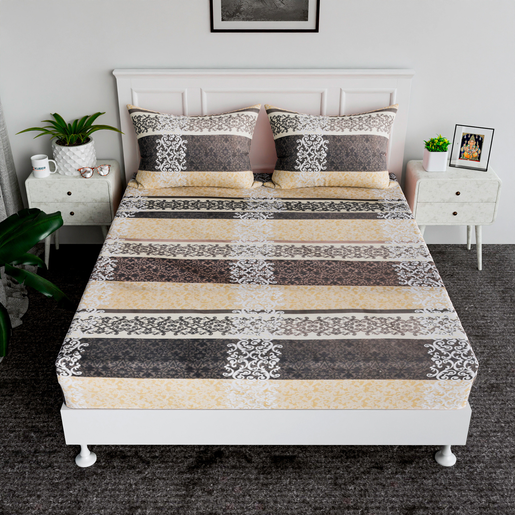 Kuber Industries Double Bedsheet  Premium Cotton Bedsheet with 2 Pillow Covers  Bedsheet for Bedroom  Bedsheet for Double Bed  Black Patta Box Bedsheet  Cream