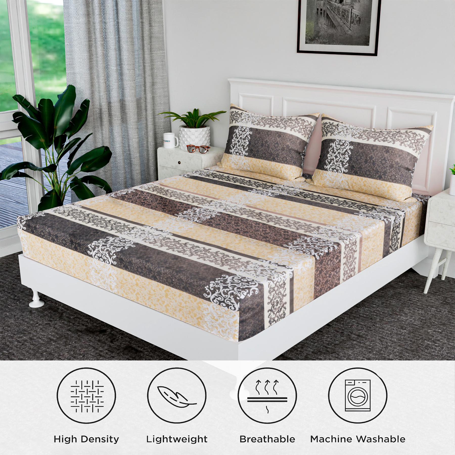 Kuber Industries Double Bedsheet  Premium Cotton Bedsheet with 2 Pillow Covers  Bedsheet for Bedroom  Bedsheet for Double Bed  Black Patta Box Bedsheet  Cream
