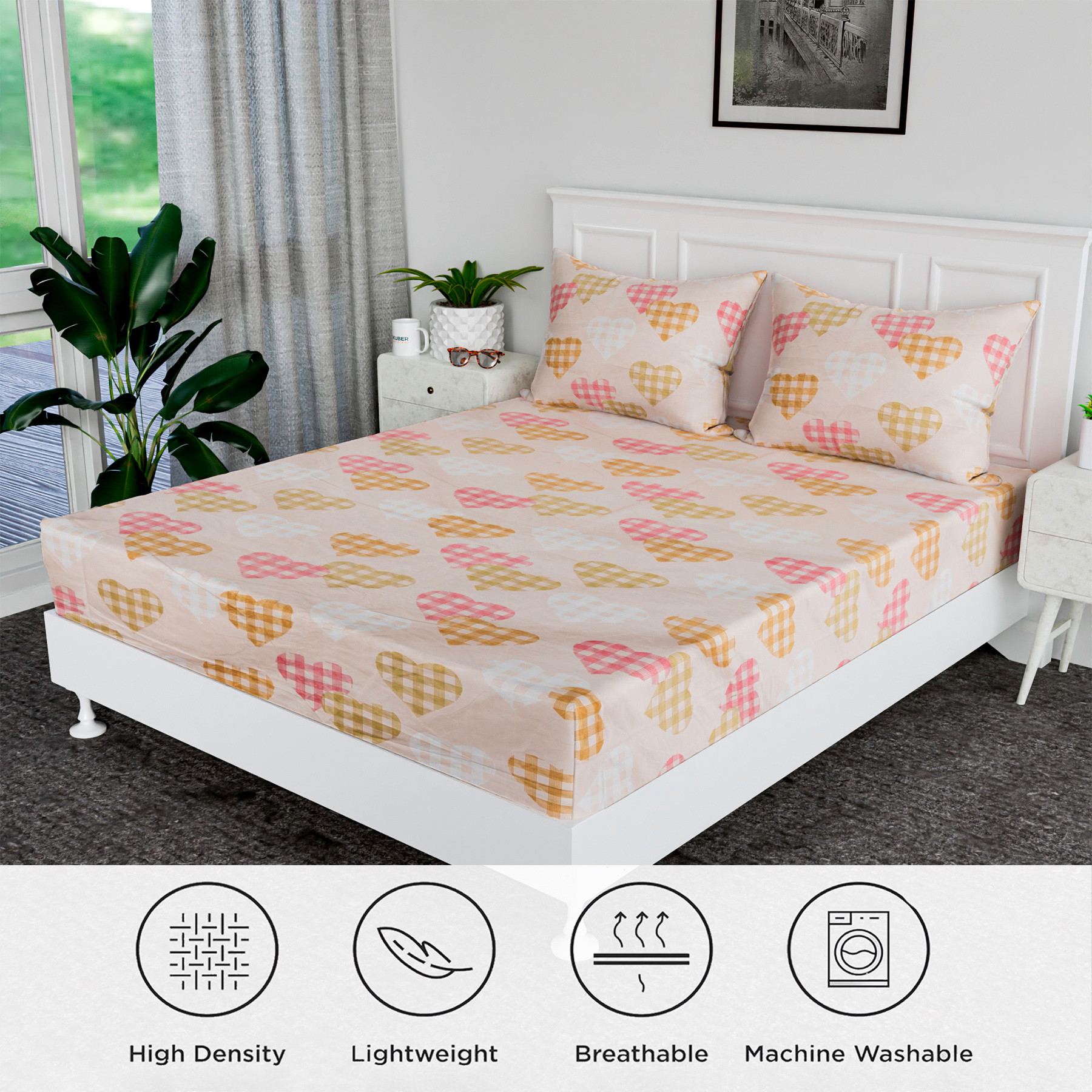 Kuber Industries Double Bedsheet  Premium Cotton Bedsheet with 2 Pillow Covers  Bedsheet for Bedroom  Bedsheet for Double Bed  Heart-Design Bedsheet  90x108 Inch  Pink