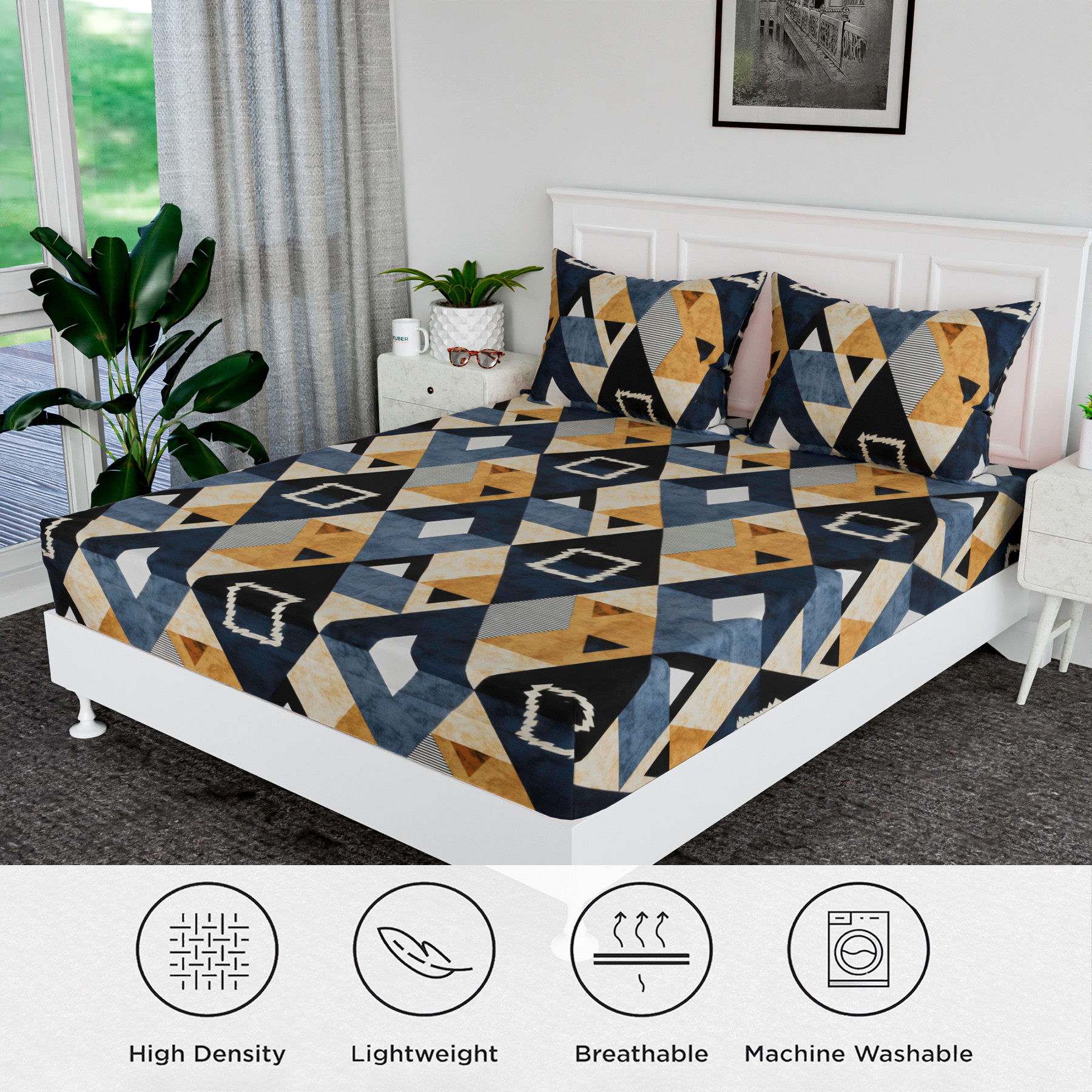 Kuber Industries Double Bedsheet  Premium Cotton Bedsheet with 2 Pillow Covers  Bedsheet for Bedroom  Bedsheet for Double Bed  Zig Zag-Design  90x108 Inch  Blue  Brown