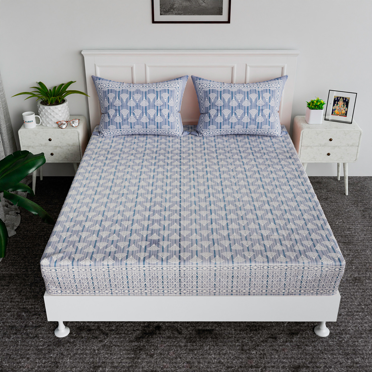 Kuber Industries Double Bedsheet  Premium Cotton Bedsheet with 2 Pillow Covers  Bedsheet for Bedroom  Bedsheet for Double Bed  Triangle Border Heritage  90x108 Inch  Gray