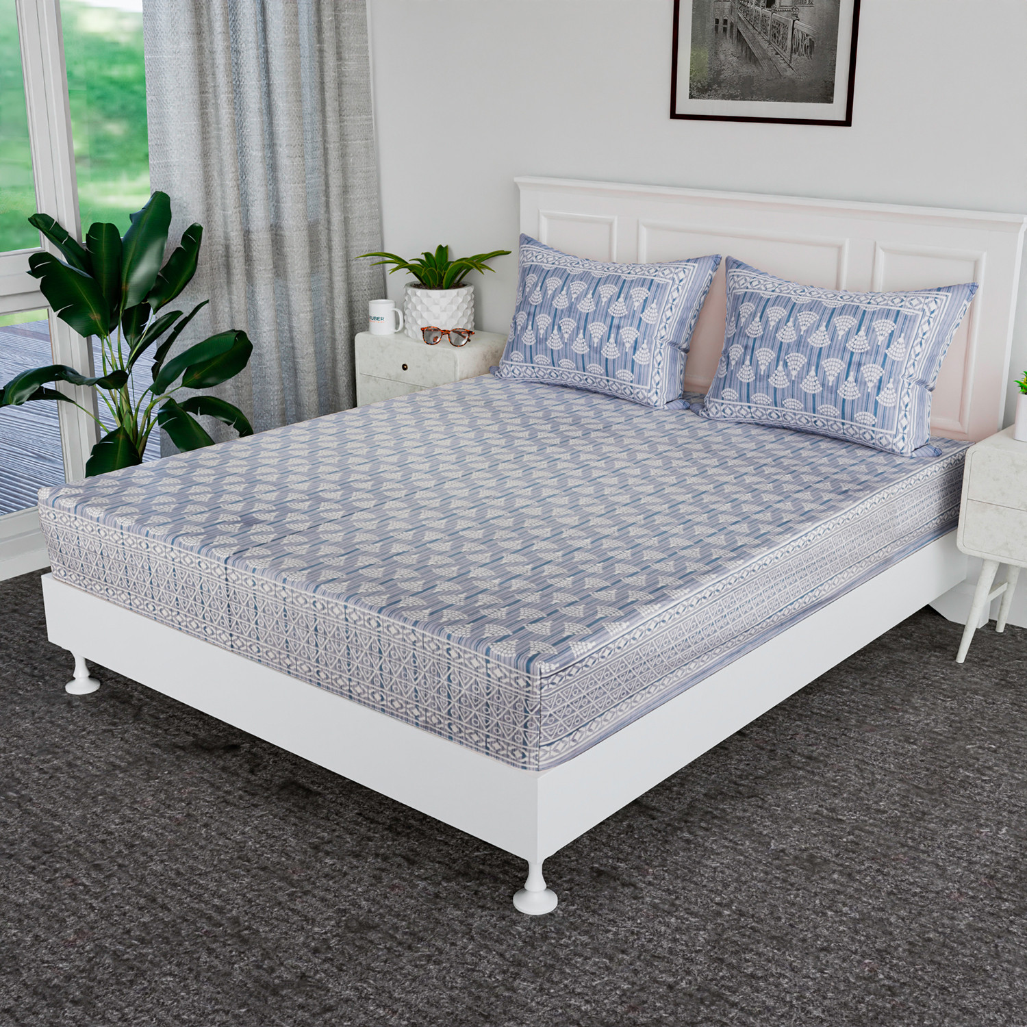 Kuber Industries Double Bedsheet  Premium Cotton Bedsheet with 2 Pillow Covers  Bedsheet for Bedroom  Bedsheet for Double Bed  Triangle Border Heritage  90x108 Inch  Gray