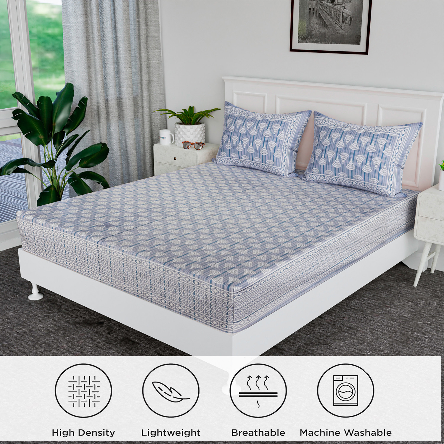 Kuber Industries Double Bedsheet  Premium Cotton Bedsheet with 2 Pillow Covers  Bedsheet for Bedroom  Bedsheet for Double Bed  Triangle Border Heritage  90x108 Inch  Gray