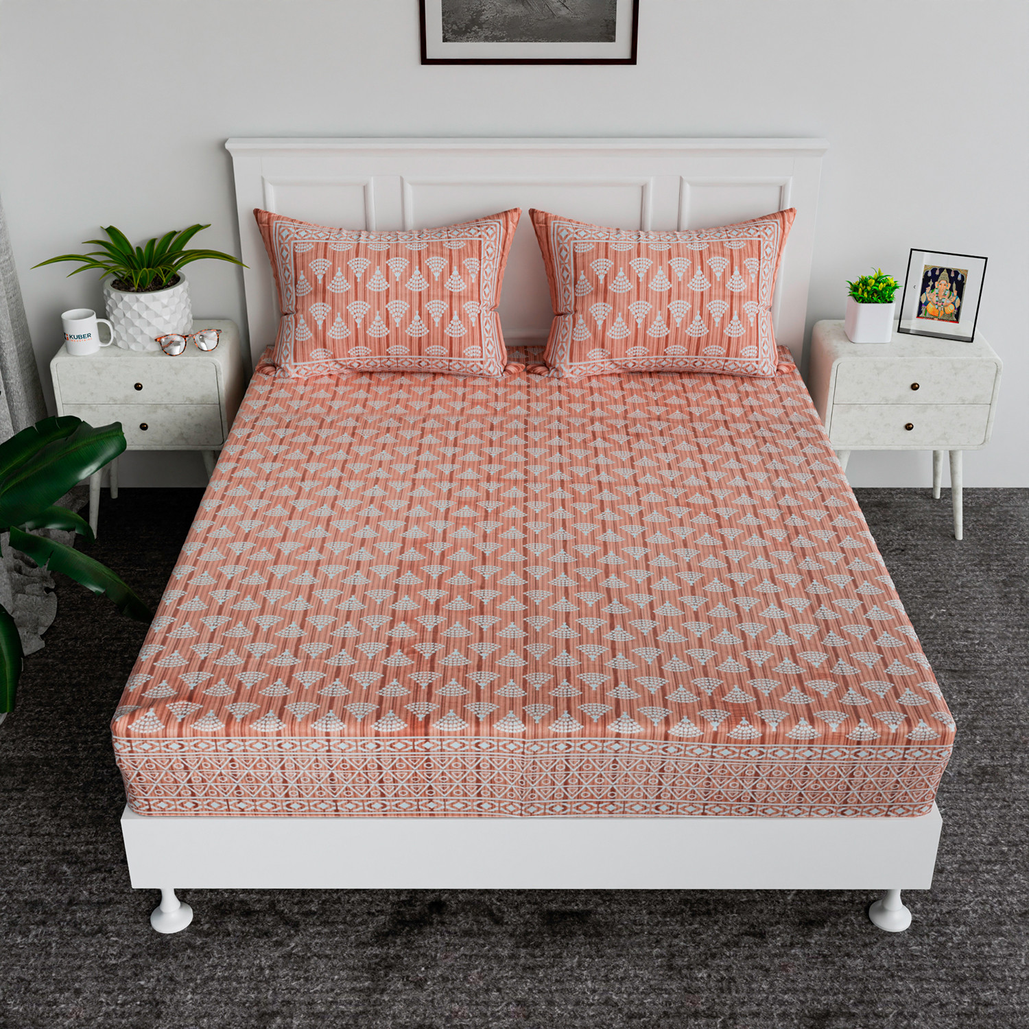 Kuber Industries Double Bedsheet  Premium Cotton Bedsheet with 2 Pillow Covers  Bedsheet for Bedroom  Bedsheet for Double Bed  Triangle Border Heritage  90x108 Inch  Orange