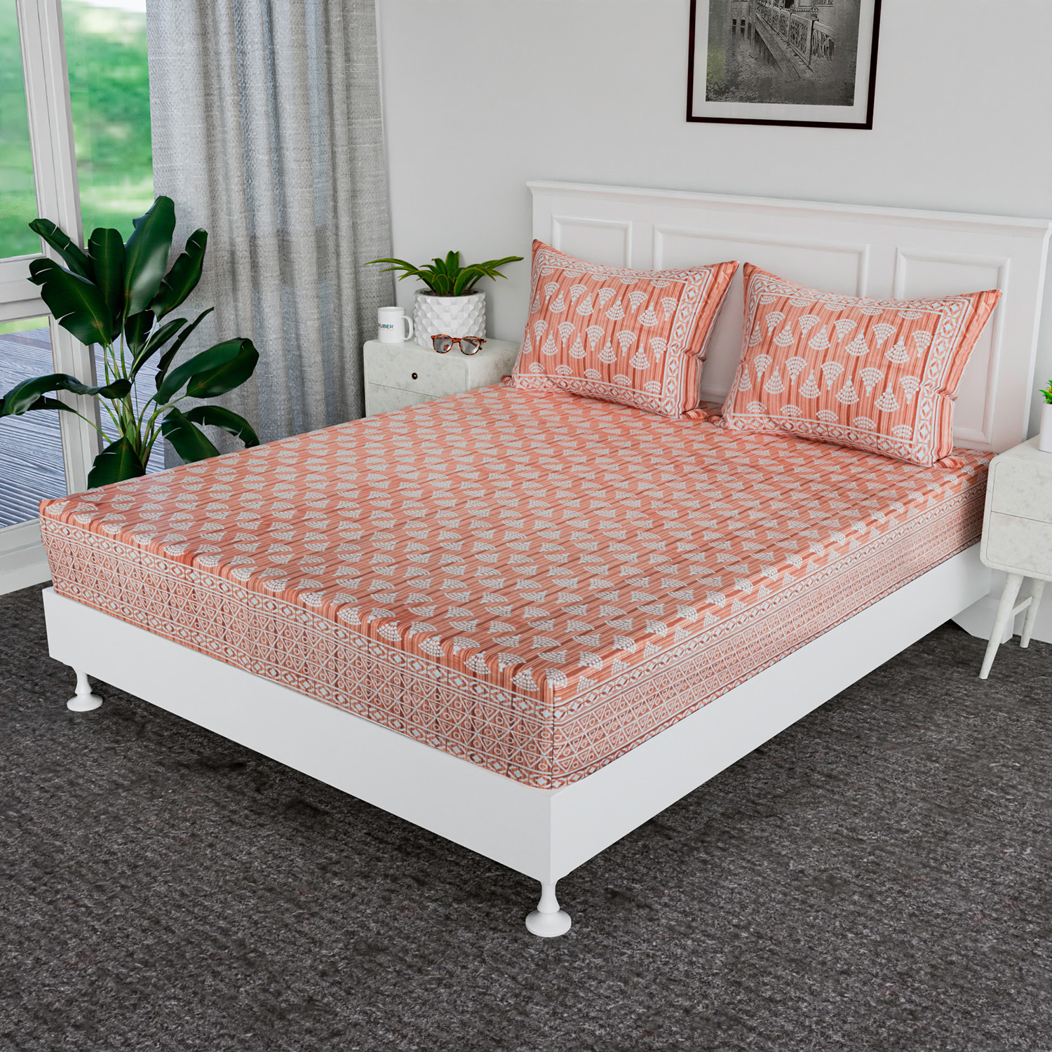 Kuber Industries Double Bedsheet  Premium Cotton Bedsheet with 2 Pillow Covers  Bedsheet for Bedroom  Bedsheet for Double Bed  Triangle Border Heritage  90x108 Inch  Orange