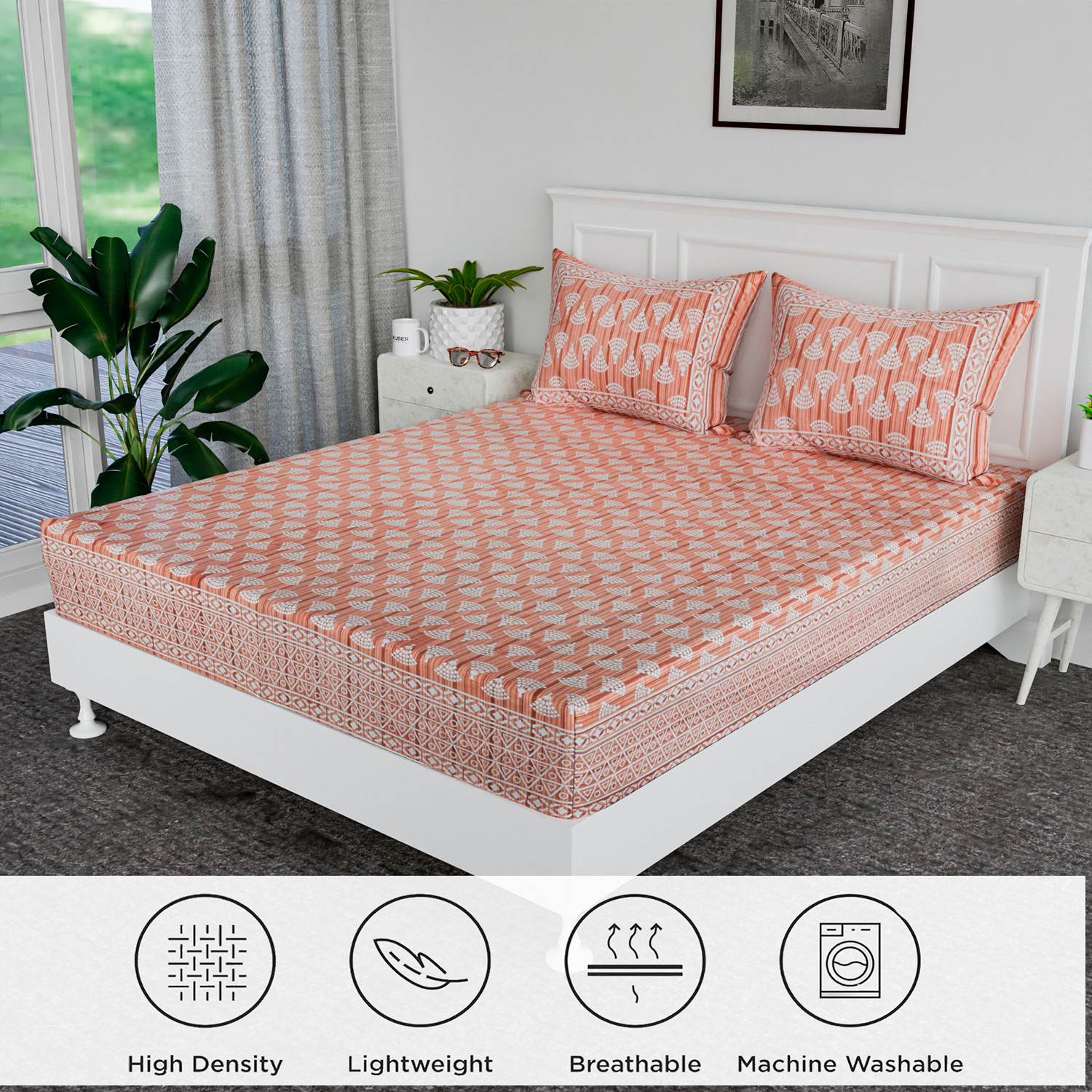Kuber Industries Double Bedsheet  Premium Cotton Bedsheet with 2 Pillow Covers  Bedsheet for Bedroom  Bedsheet for Double Bed  Triangle Border Heritage  90x108 Inch  Orange