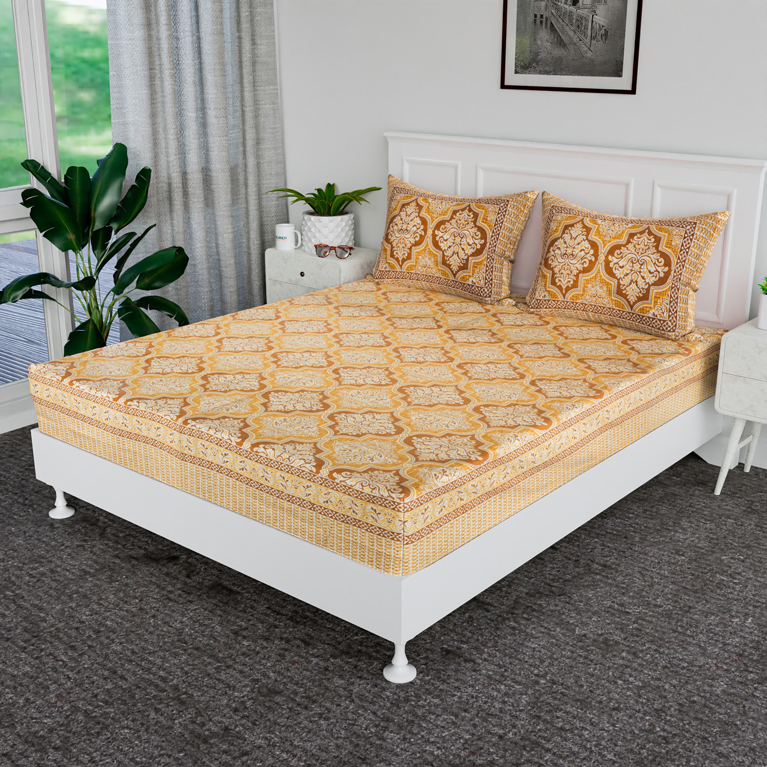 Kuber Industries Double Bedsheet  Premium Cotton Bedsheet with 2 Pillow Covers  Bedsheet for Bedroom  Bedsheet for Double Bed  Flower Heritage  90x108 Inch  Brown