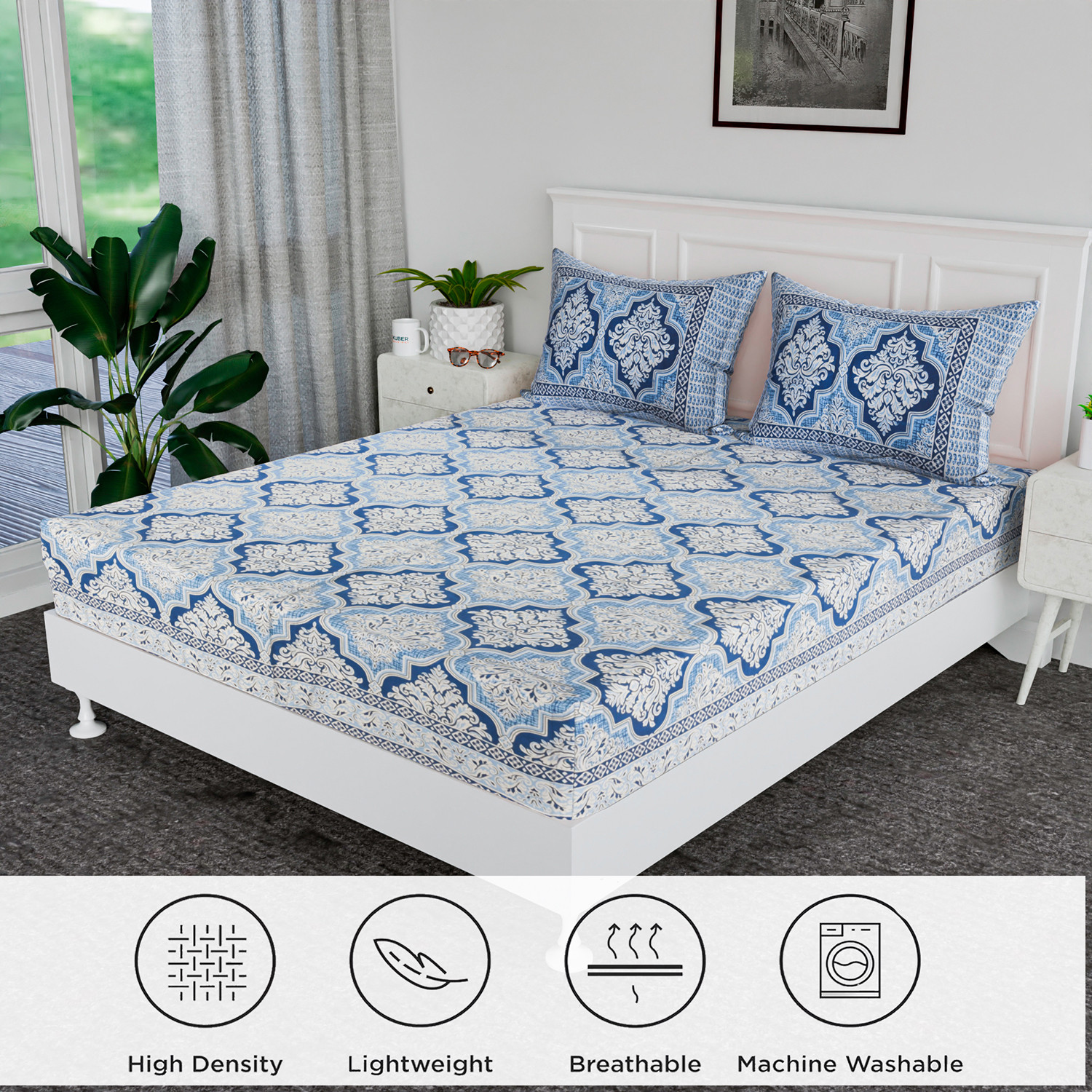 Kuber Industries Double Bedsheet  Premium Cotton Bedsheet with 2 Pillow Covers  Bedsheet for Bedroom  Bedsheet for Double Bed  Flower Heritage  90x108 Inch  Blue
