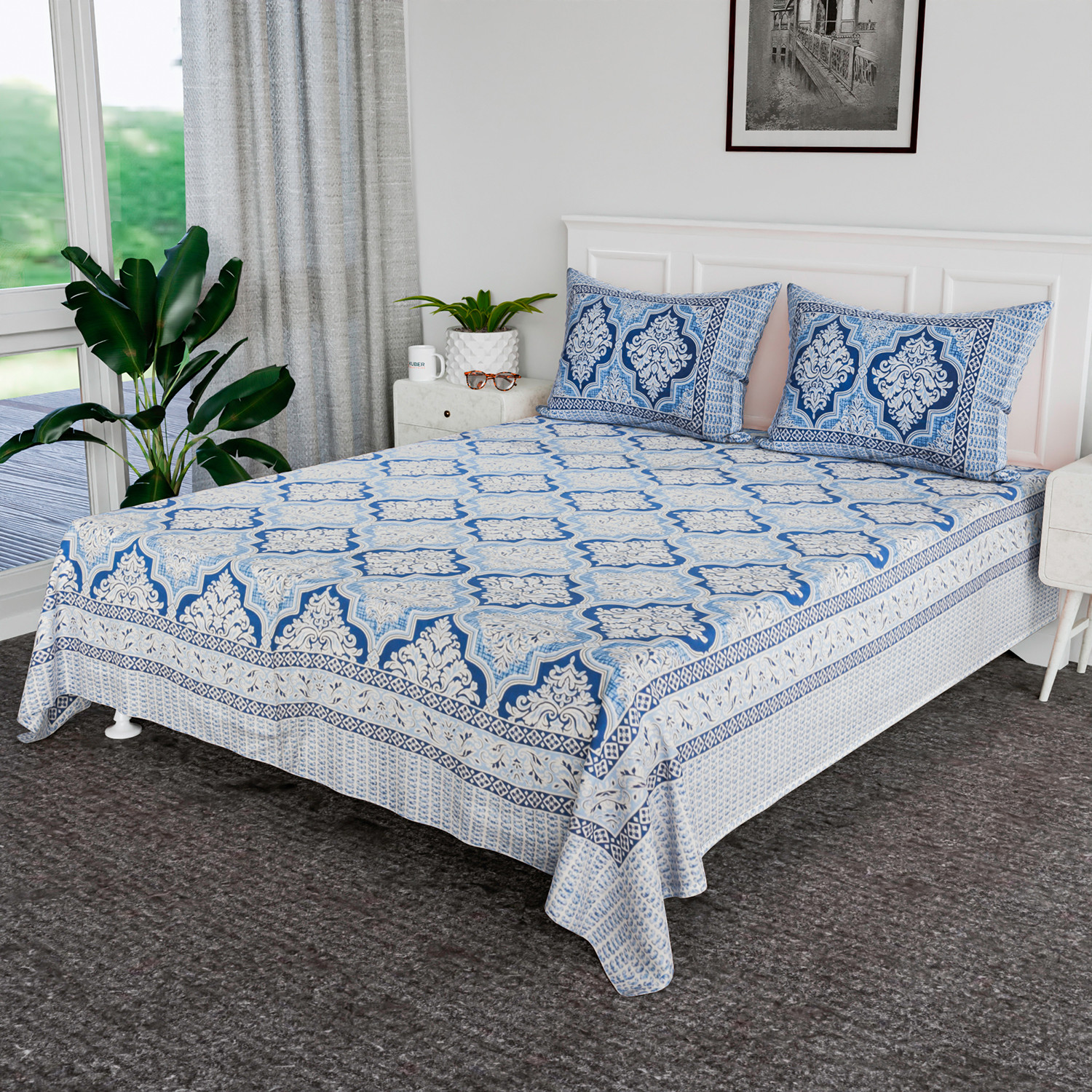 Kuber Industries Double Bedsheet | Premium Cotton Bedsheet with 2 Pillow Covers | Bedsheet for Bedroom | Bedsheet for Double Bed | Flower Heritage | 90x108 Inch | Blue