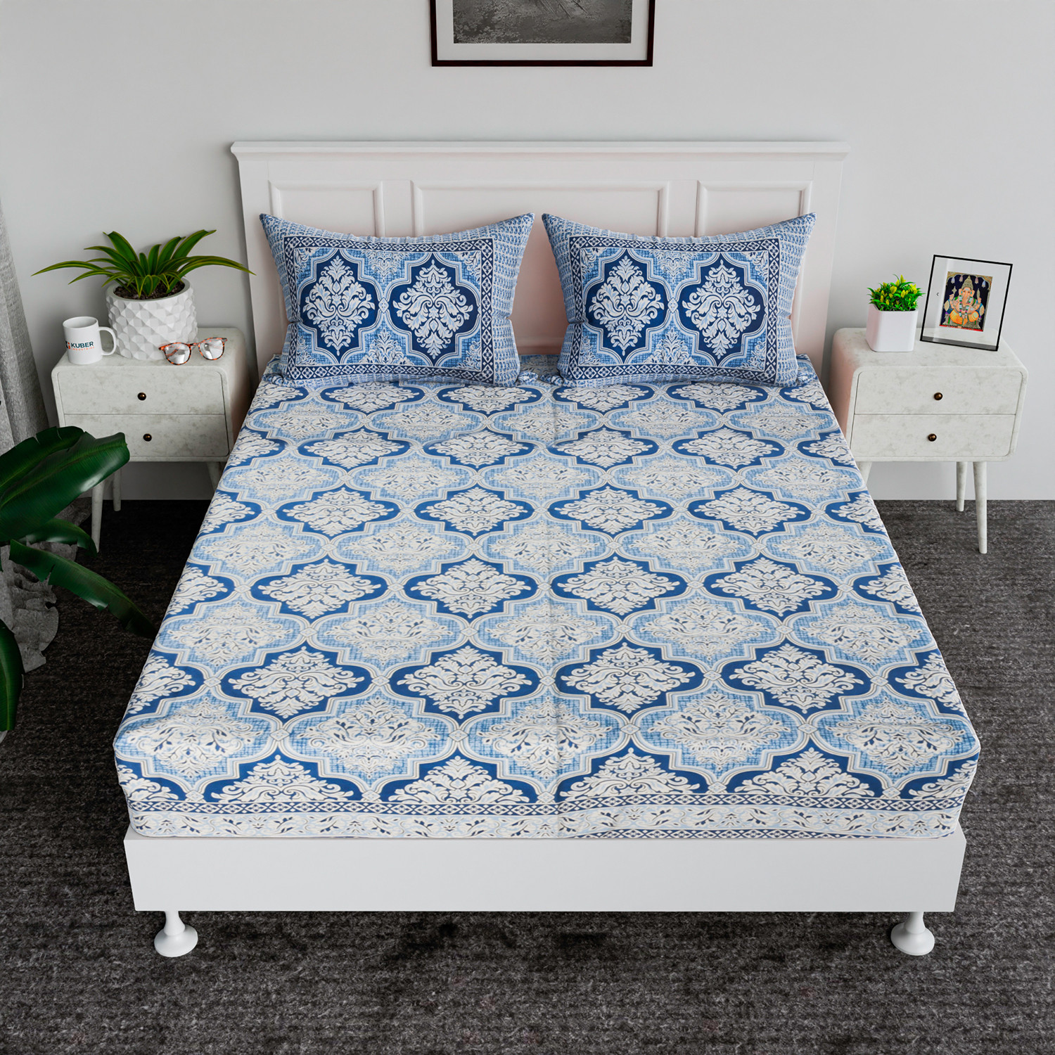 Kuber Industries Double Bedsheet | Premium Cotton Bedsheet with 2 Pillow Covers | Bedsheet for Bedroom | Bedsheet for Double Bed | Flower Heritage | 90x108 Inch | Blue