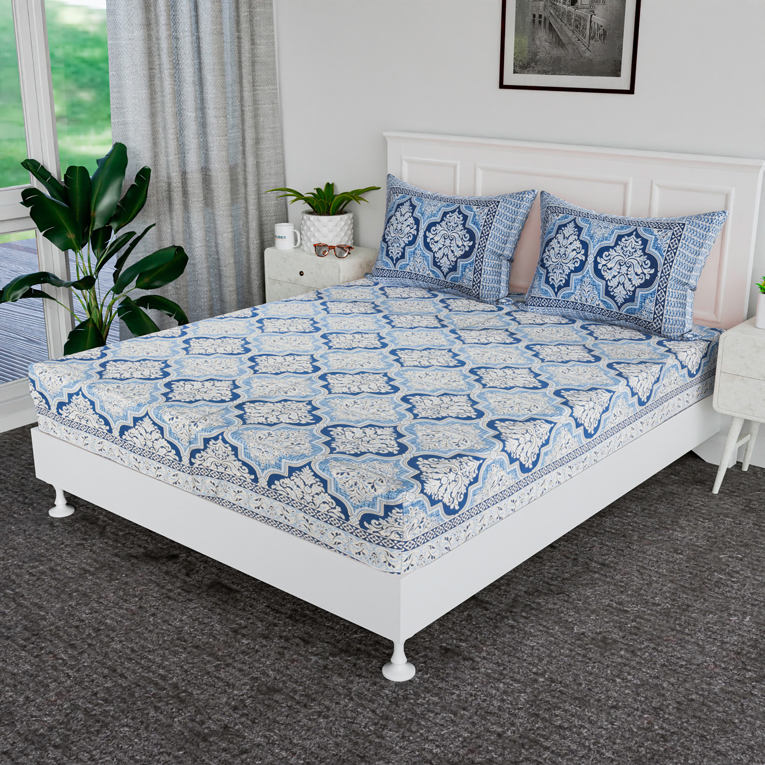 Kuber Industries Double Bedsheet | Premium Cotton Bedsheet with 2 Pillow Covers | Bedsheet for Bedroom | Bedsheet for Double Bed | Flower Heritage | 90x108 Inch | Blue