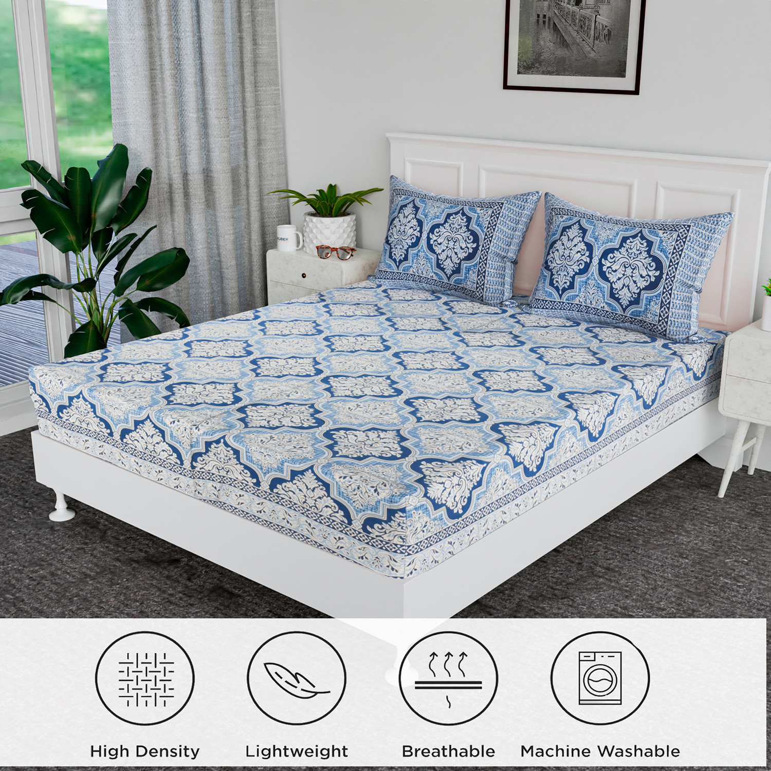 Kuber Industries Double Bedsheet | Premium Cotton Bedsheet with 2 Pillow Covers | Bedsheet for Bedroom | Bedsheet for Double Bed | Flower Heritage | 90x108 Inch | Blue