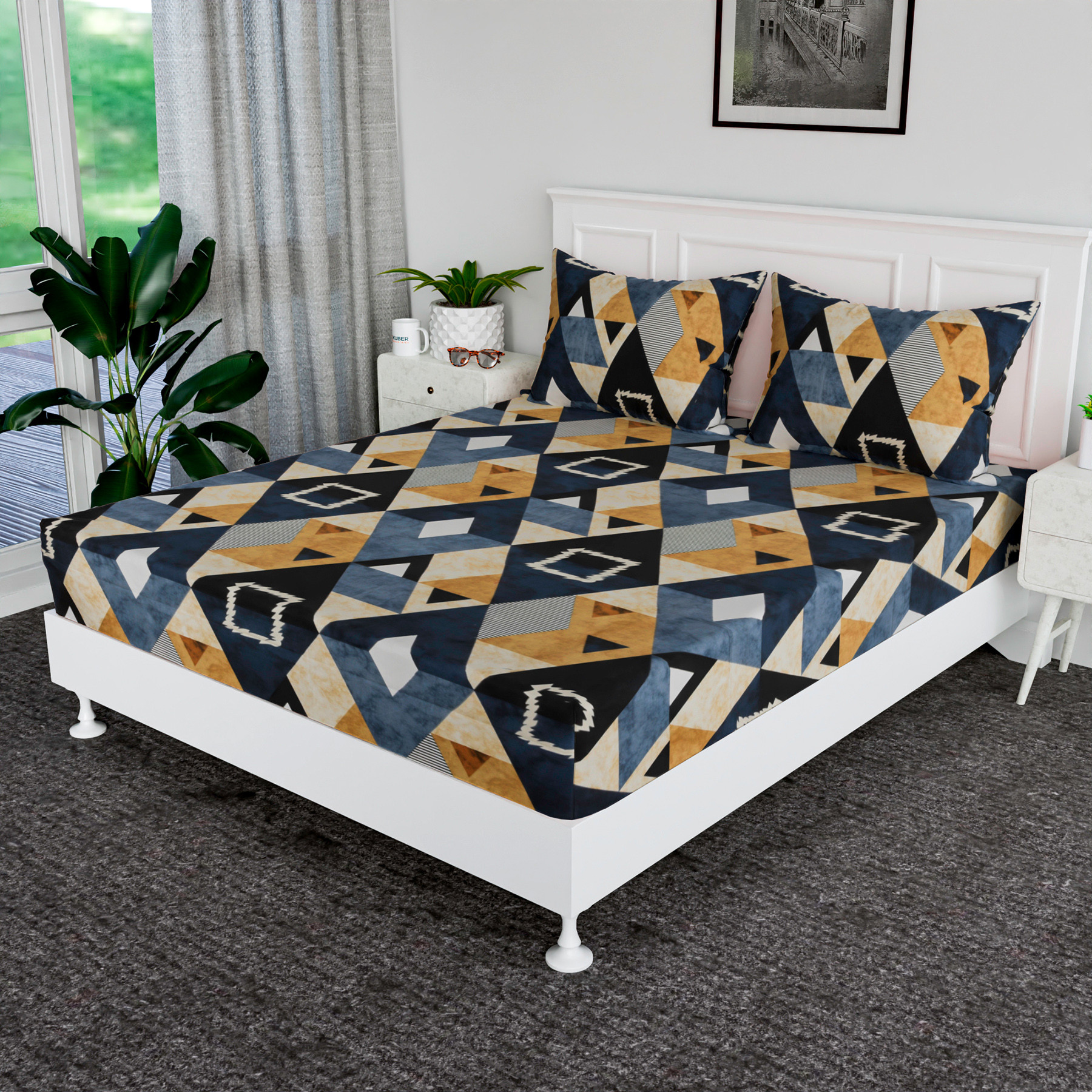 Kuber Industries Double Bedsheet | Premium Cotton Bedsheet with 2 Pillow Covers | Bedsheet for Bedroom | Bedsheet for Double Bed | Zig Zag-Design | 90x108 Inch | Blue & Brown