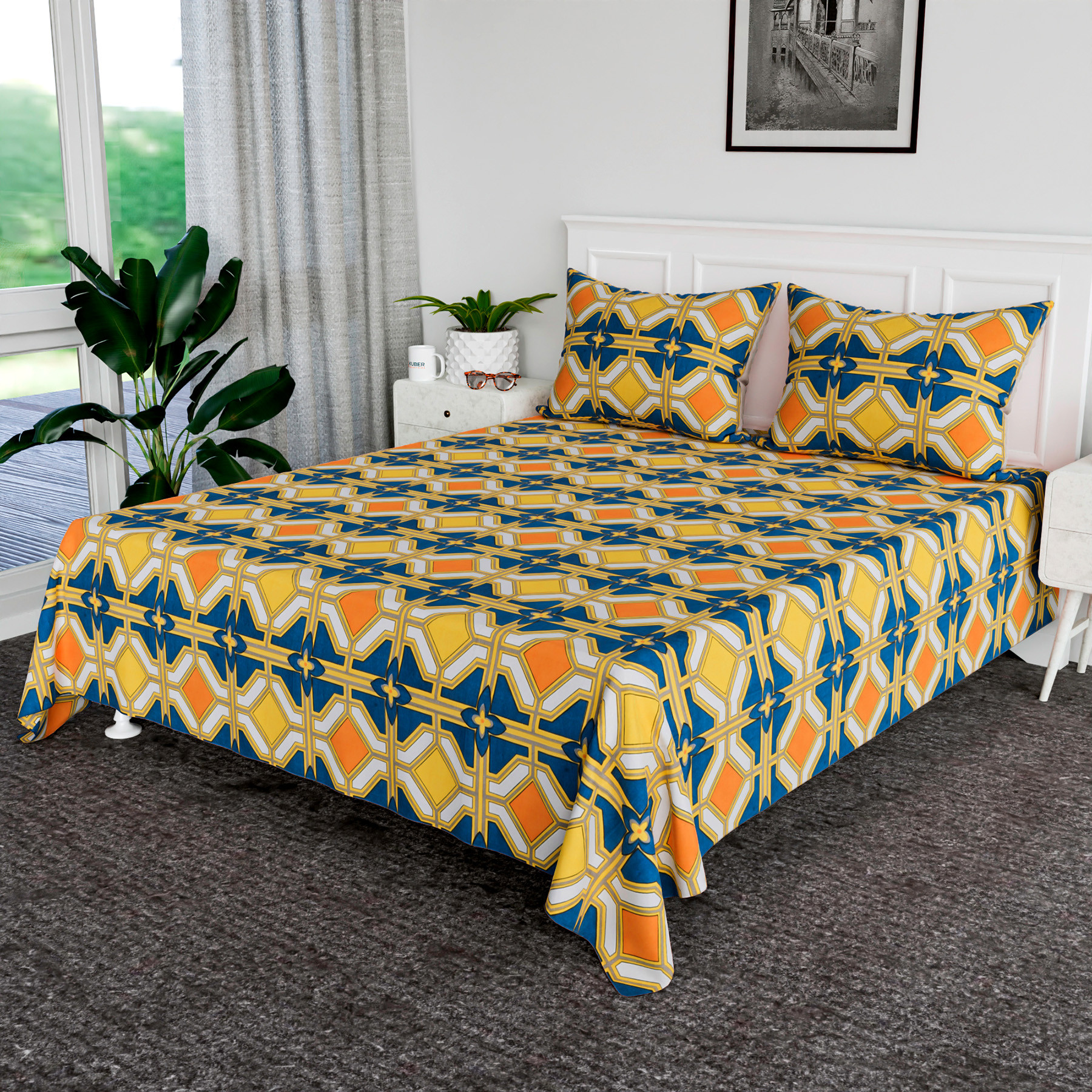 Kuber Industries Double Bedsheet | Premium Cotton Bedsheet with 2 Pillow Covers | Bedsheet for Bedroom | Bedsheet for Double Bed | Zig Zag-Design | 90x108 Inch | Green & Orange