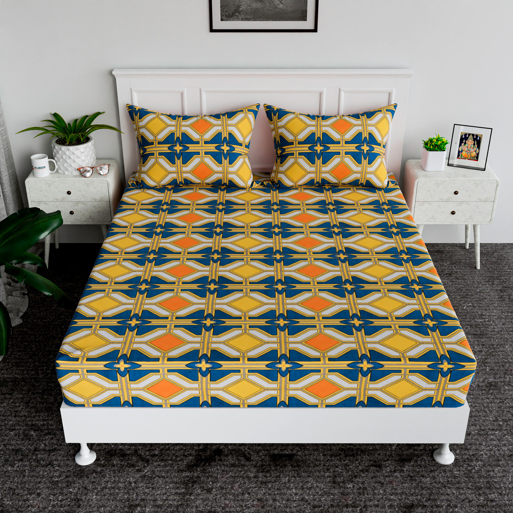 Kuber Industries Double Bedsheet | Premium Cotton Bedsheet with 2 Pillow Covers | Bedsheet for Bedroom | Bedsheet for Double Bed | Zig Zag-Design | 90x108 Inch | Green & Orange