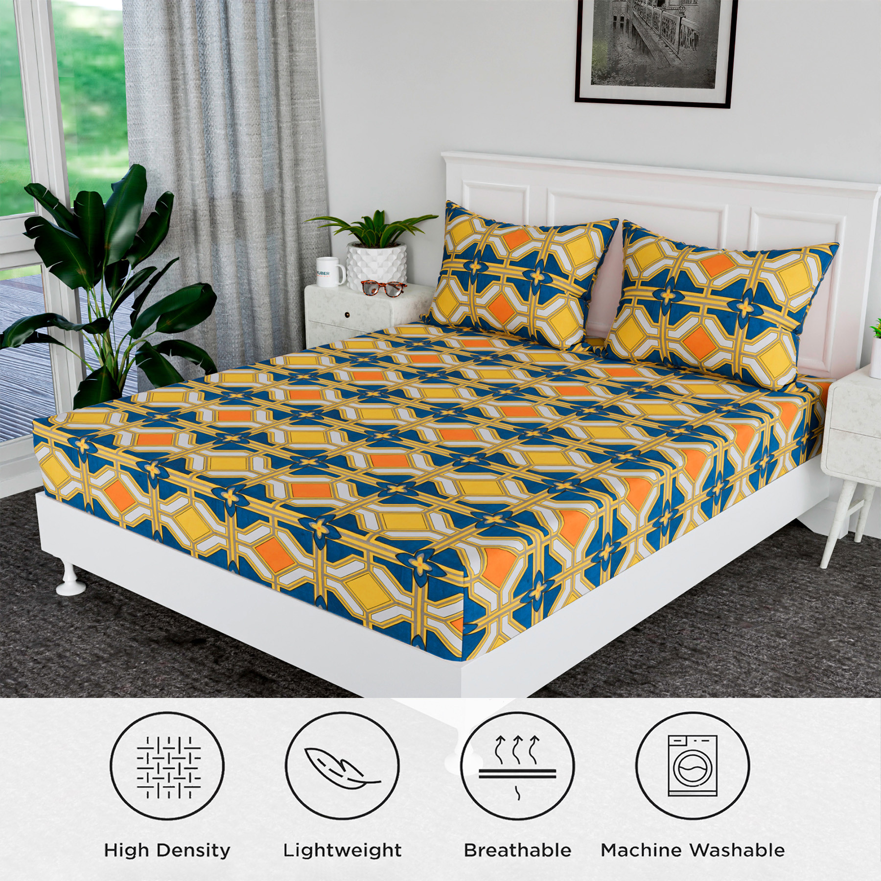 Kuber Industries Double Bedsheet | Premium Cotton Bedsheet with 2 Pillow Covers | Bedsheet for Bedroom | Bedsheet for Double Bed | Zig Zag-Design | 90x108 Inch | Green & Orange