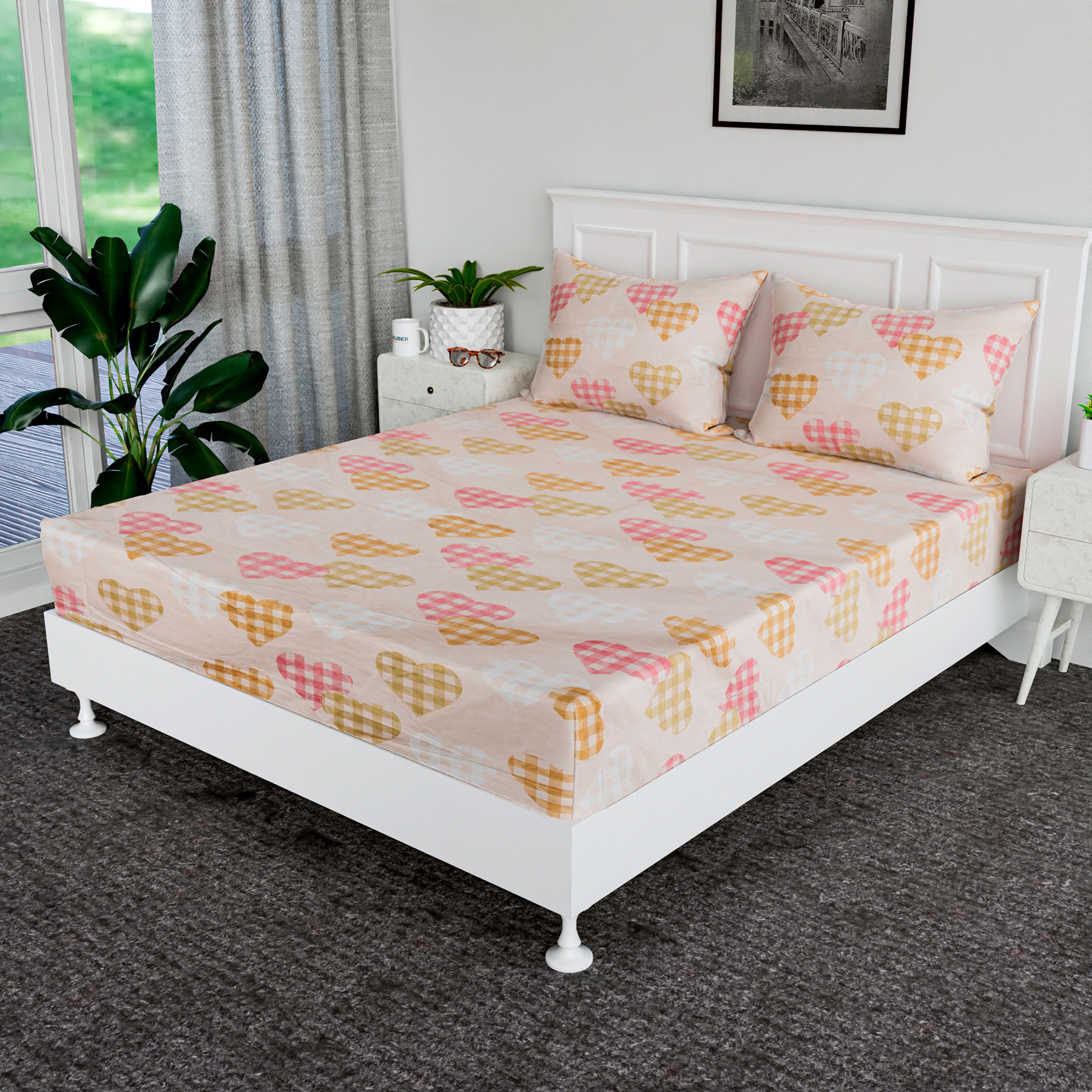 Kuber Industries Double Bedsheet | Premium Cotton Bedsheet with 2 Pillow Covers | Bedsheet for Bedroom | Bedsheet for Double Bed | Heart-Design Bedsheet | 90x108 Inch | Pink