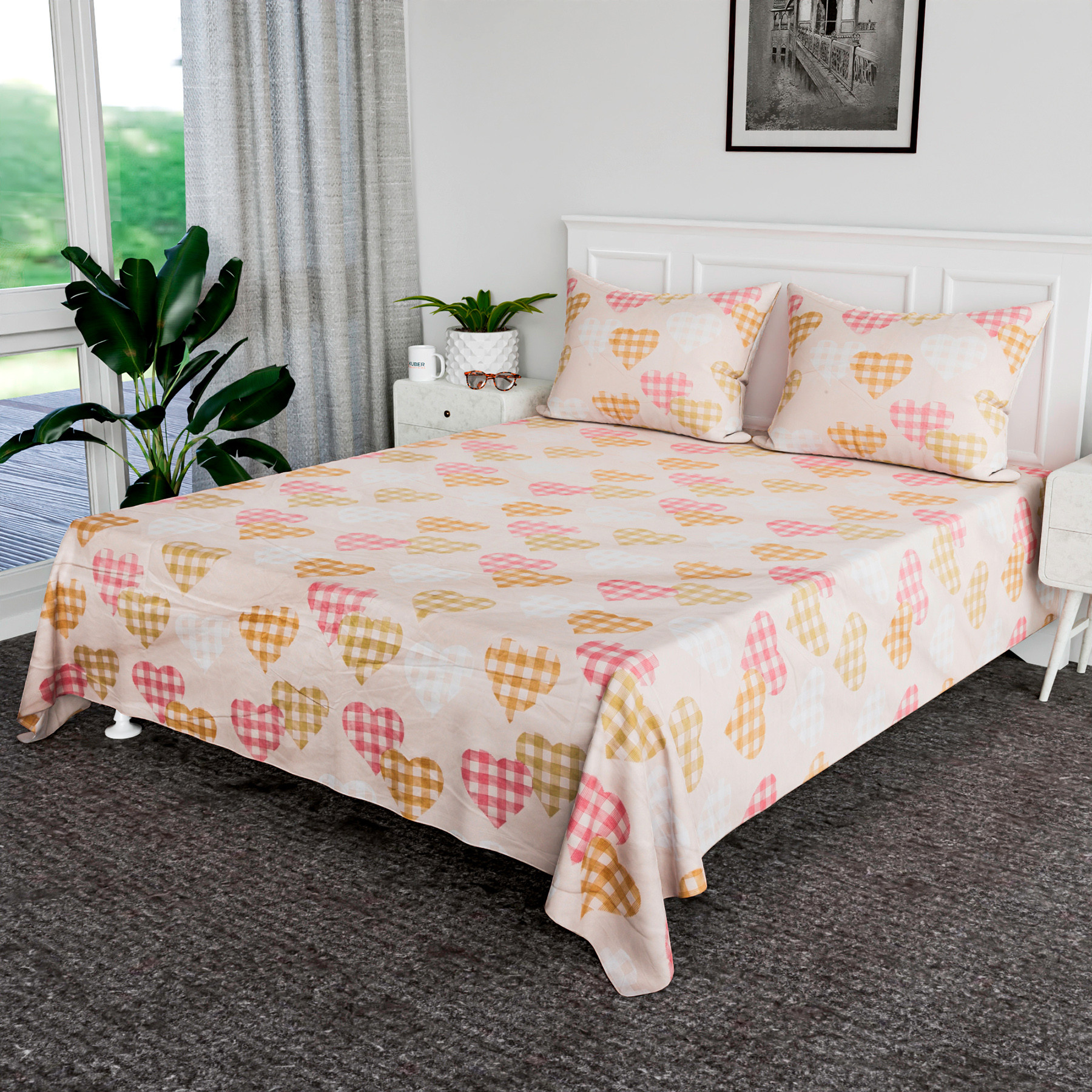 Kuber Industries Double Bedsheet | Premium Cotton Bedsheet with 2 Pillow Covers | Bedsheet for Bedroom | Bedsheet for Double Bed | Heart-Design Bedsheet | 90x108 Inch | Pink