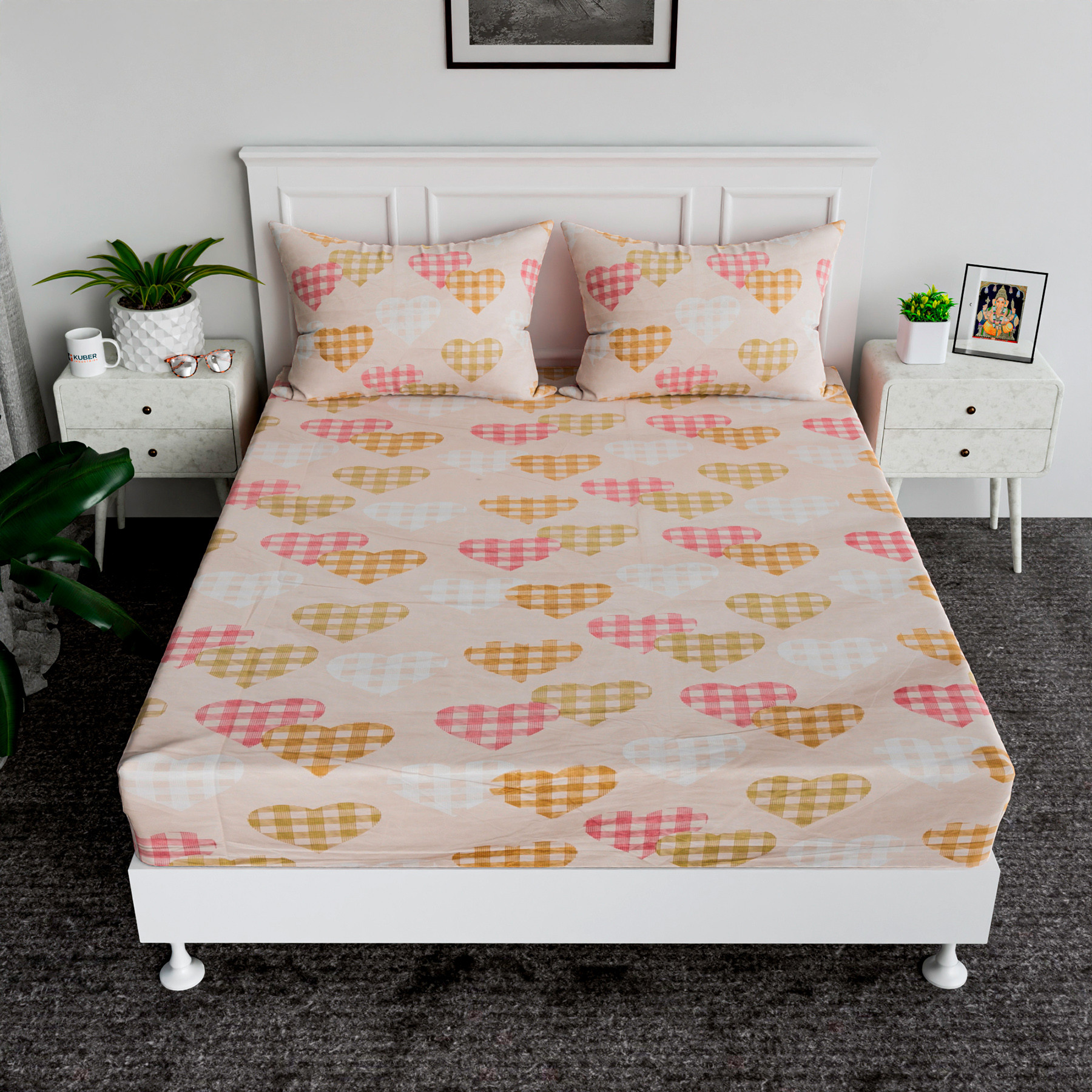 Kuber Industries Double Bedsheet | Premium Cotton Bedsheet with 2 Pillow Covers | Bedsheet for Bedroom | Bedsheet for Double Bed | Heart-Design Bedsheet | 90x108 Inch | Pink