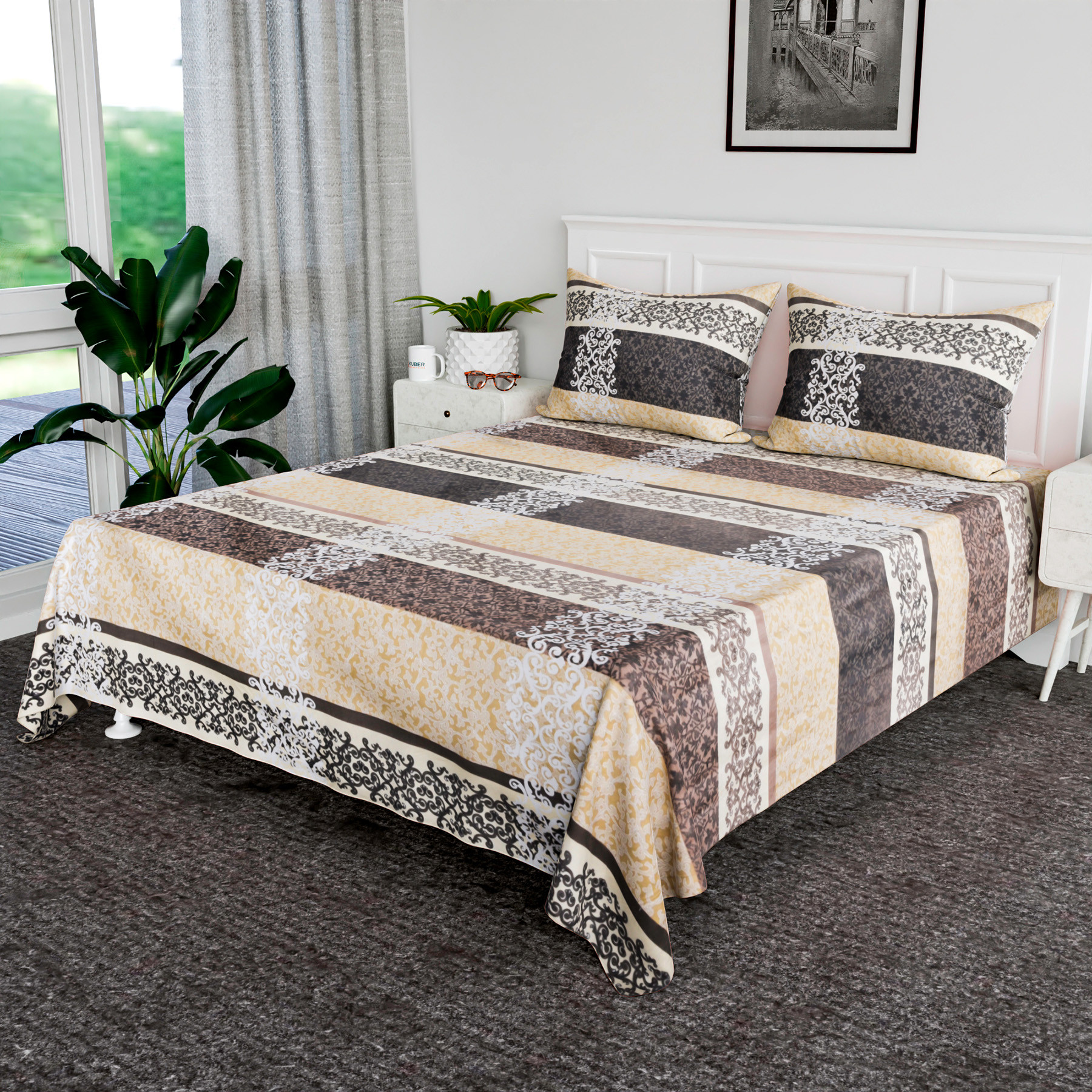 Kuber Industries Double Bedsheet | Premium Cotton Bedsheet with 2 Pillow Covers | Bedsheet for Bedroom | Bedsheet for Double Bed | Black Patta Box Bedsheet | Cream