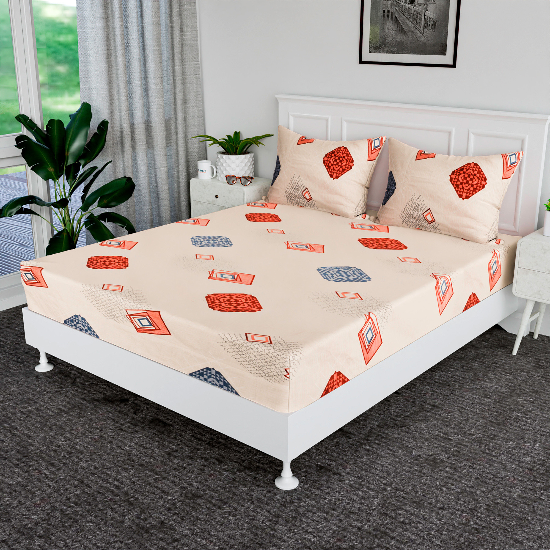 Kuber Industries Double Bedsheet | Premium Cotton Bedsheet with 2 Pillow Covers | Bedsheet for Bedroom | Bedsheet for Double Bed | Square Box-Design Bedsheet | Peach
