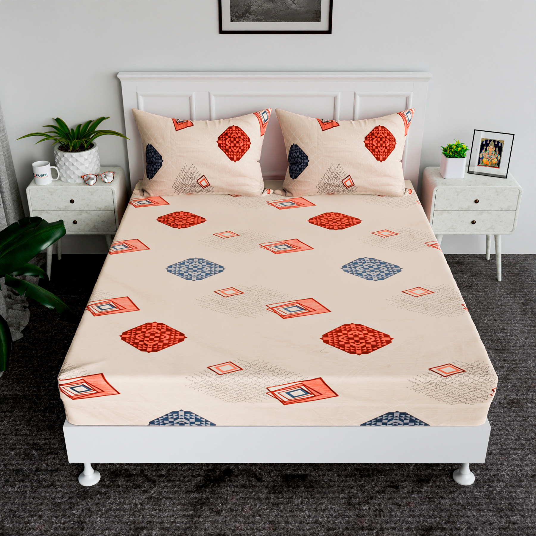 Kuber Industries Double Bedsheet | Premium Cotton Bedsheet with 2 Pillow Covers | Bedsheet for Bedroom | Bedsheet for Double Bed | Square Box-Design Bedsheet | Peach