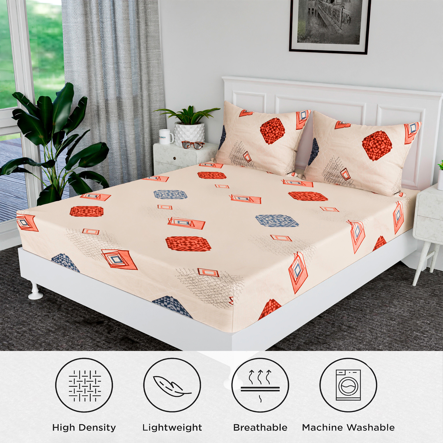 Kuber Industries Double Bedsheet | Premium Cotton Bedsheet with 2 Pillow Covers | Bedsheet for Bedroom | Bedsheet for Double Bed | Square Box-Design Bedsheet | Peach