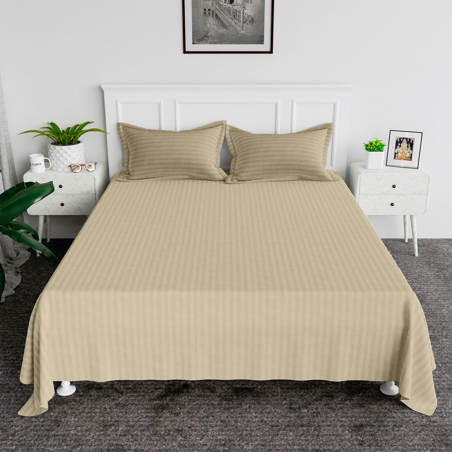 Kuber Industries Double Bedsheet with 2 Pillow Covers  144 TC Glace Cotton Bedsheet  Satin Striped Bedsheet for Home  Hotel  Bedroom  90x100 Inch  Cream