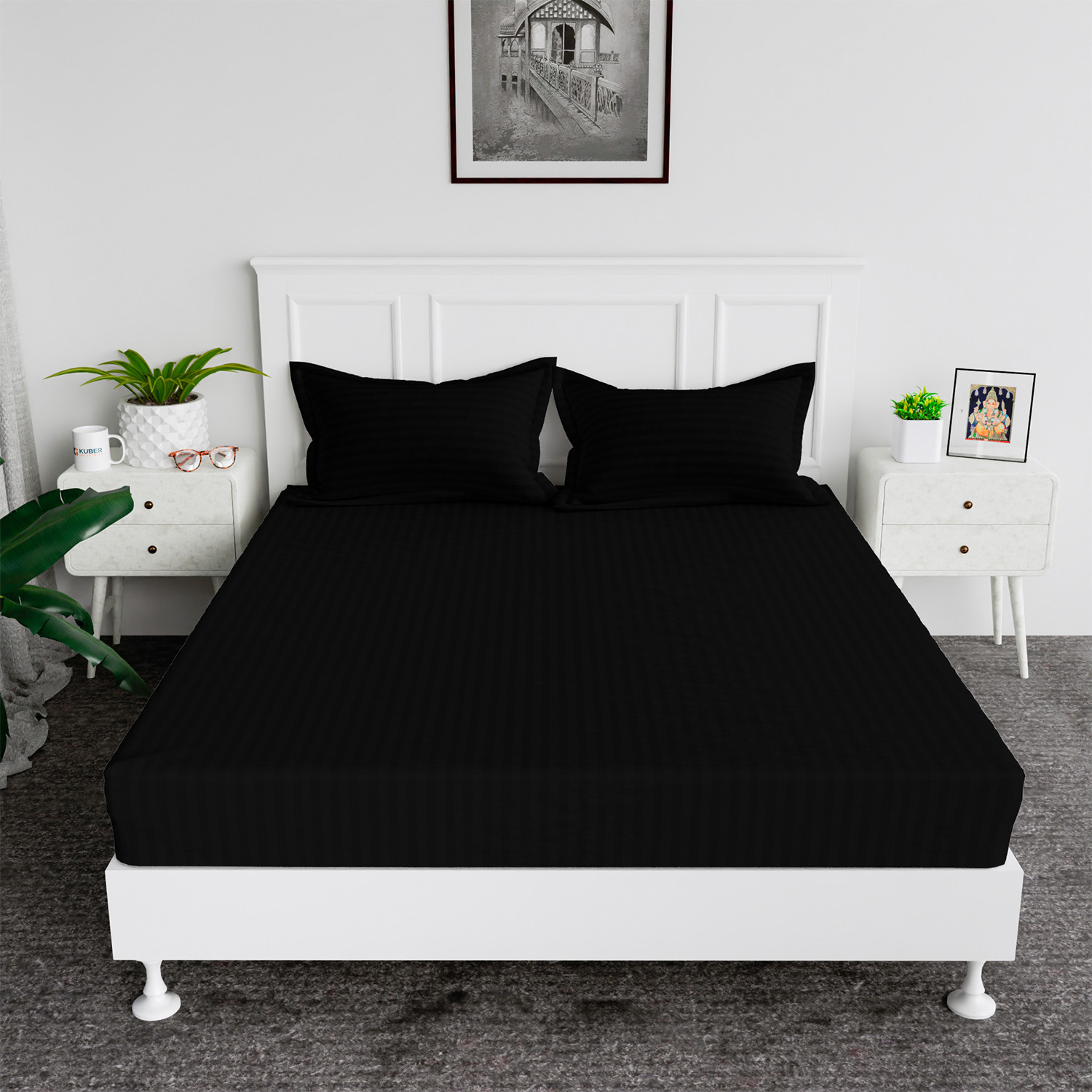 Kuber Industries Double Bedsheet with 2 Pillow Covers  144 TC Glace Cotton Bedsheet  Satin Striped Bedsheet for Home  Hotel  Bedroom  90x100 Inch  Black