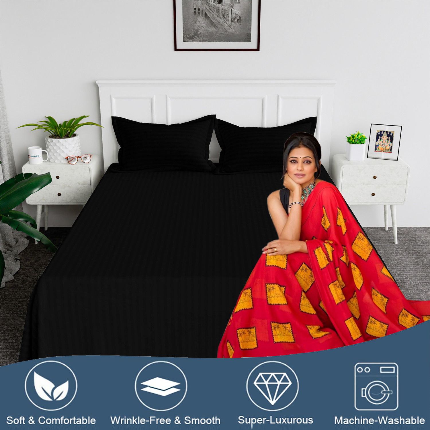 Kuber Industries Double Bedsheet with 2 Pillow Covers  144 TC Glace Cotton Bedsheet  Satin Striped Bedsheet for Home  Hotel  Bedroom  90x100 Inch  Black