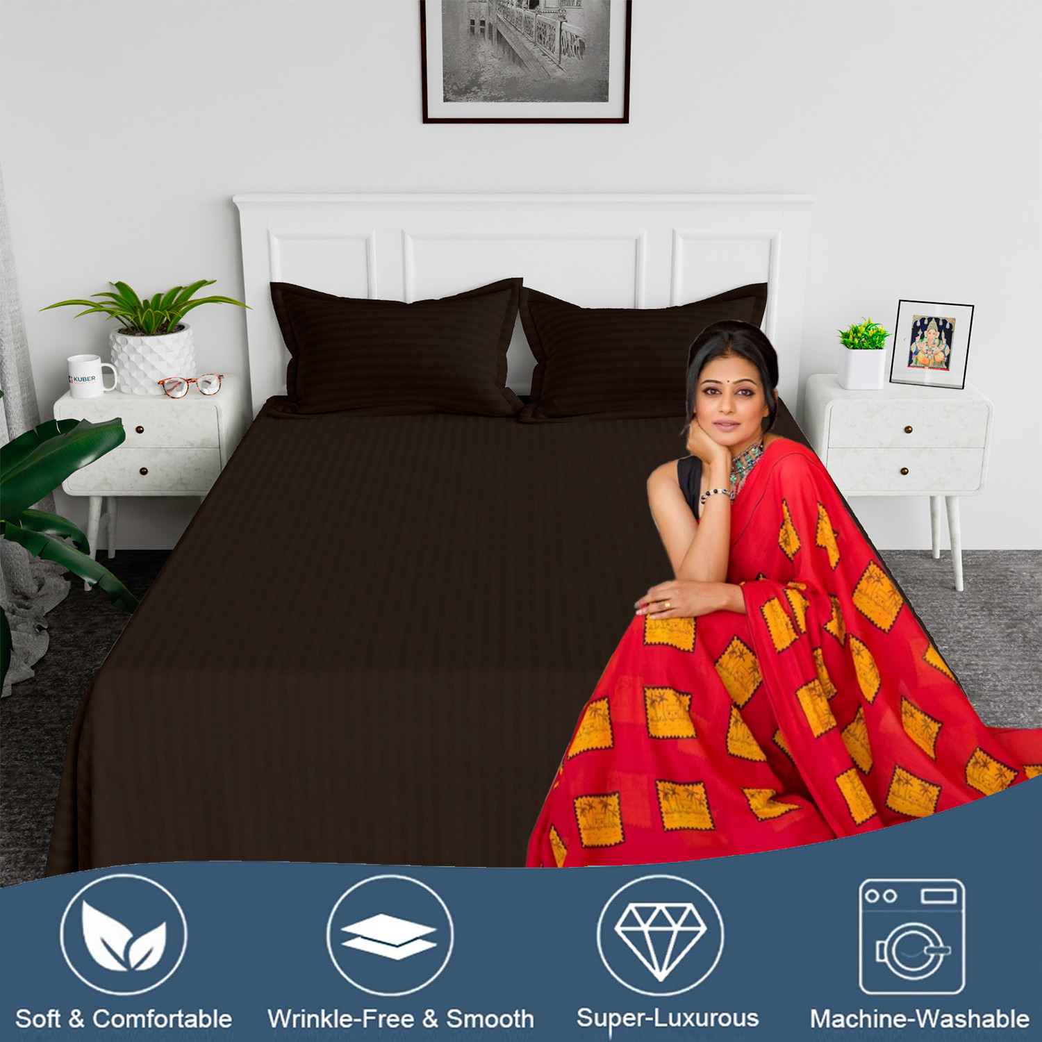 Kuber Industries Double Bedsheet with 2 Pillow Covers  144 TC Glace Cotton Bedsheet  Satin Striped Bedsheet for Home  Hotel  Bedroom  90x100 Inch  Brown