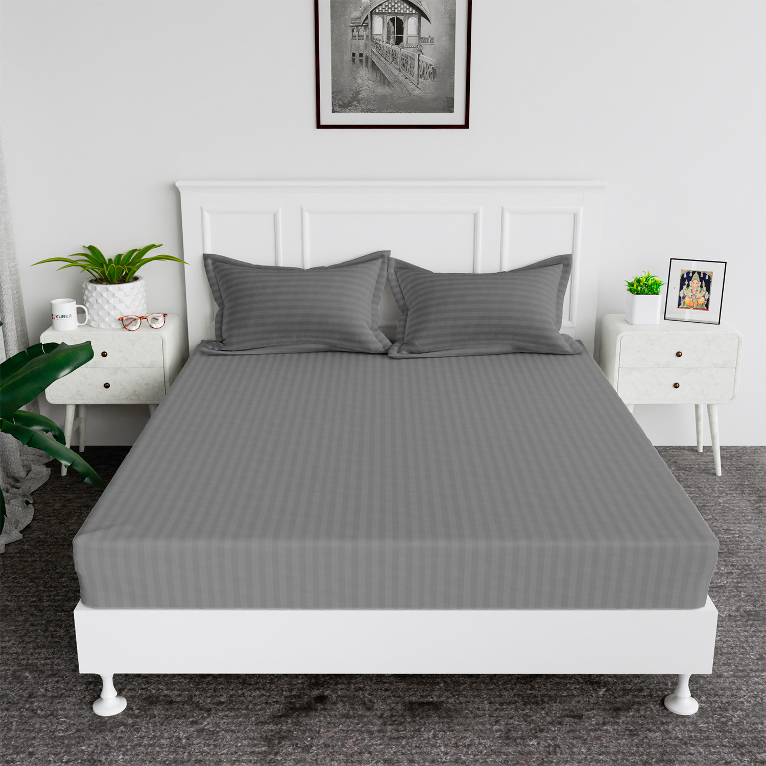 Kuber Industries Double Bedsheet with 2 Pillow Covers  144 TC Glace Cotton Bedsheet  Satin Striped Bedsheet for Home  Hotel  Bedroom  90x100 Inch  Gray