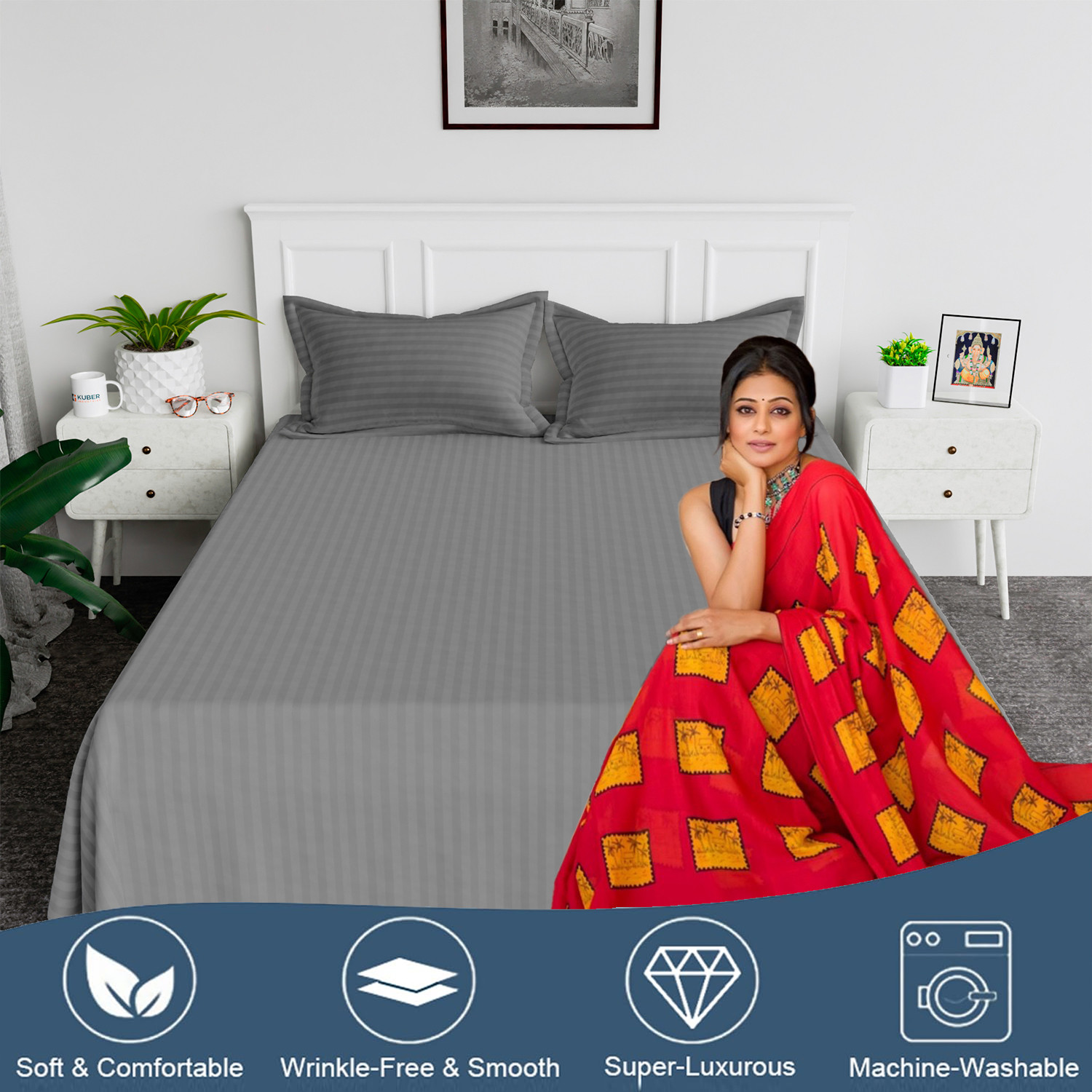 Kuber Industries Double Bedsheet with 2 Pillow Covers  144 TC Glace Cotton Bedsheet  Satin Striped Bedsheet for Home  Hotel  Bedroom  90x100 Inch  Gray