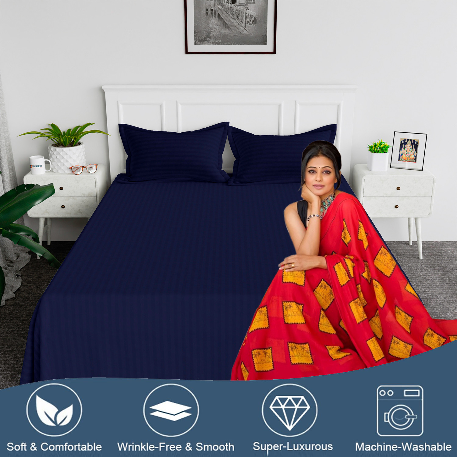 Kuber Industries Double Bedsheet with 2 Pillow Covers  144 TC Glace Cotton Bedsheet  Satin Striped Bedsheet for Home  Hotel  Bedroom  90x100 Inch  Blue