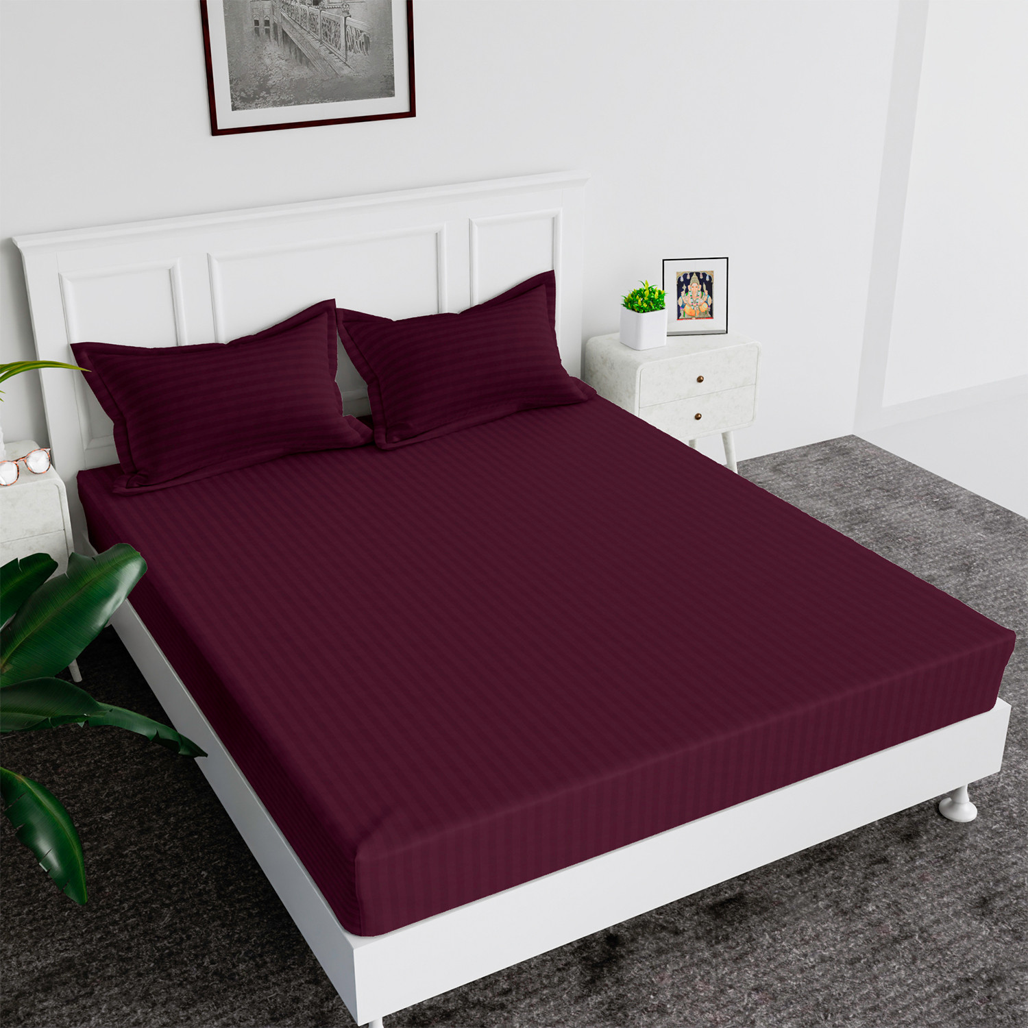 Kuber Industries Double Bedsheet with 2 Pillow Covers | 144 TC Glace Cotton Bedsheet | Satin Striped Bedsheet for Home | Hotel | Bedroom | 90x100 Inch | Maroon
