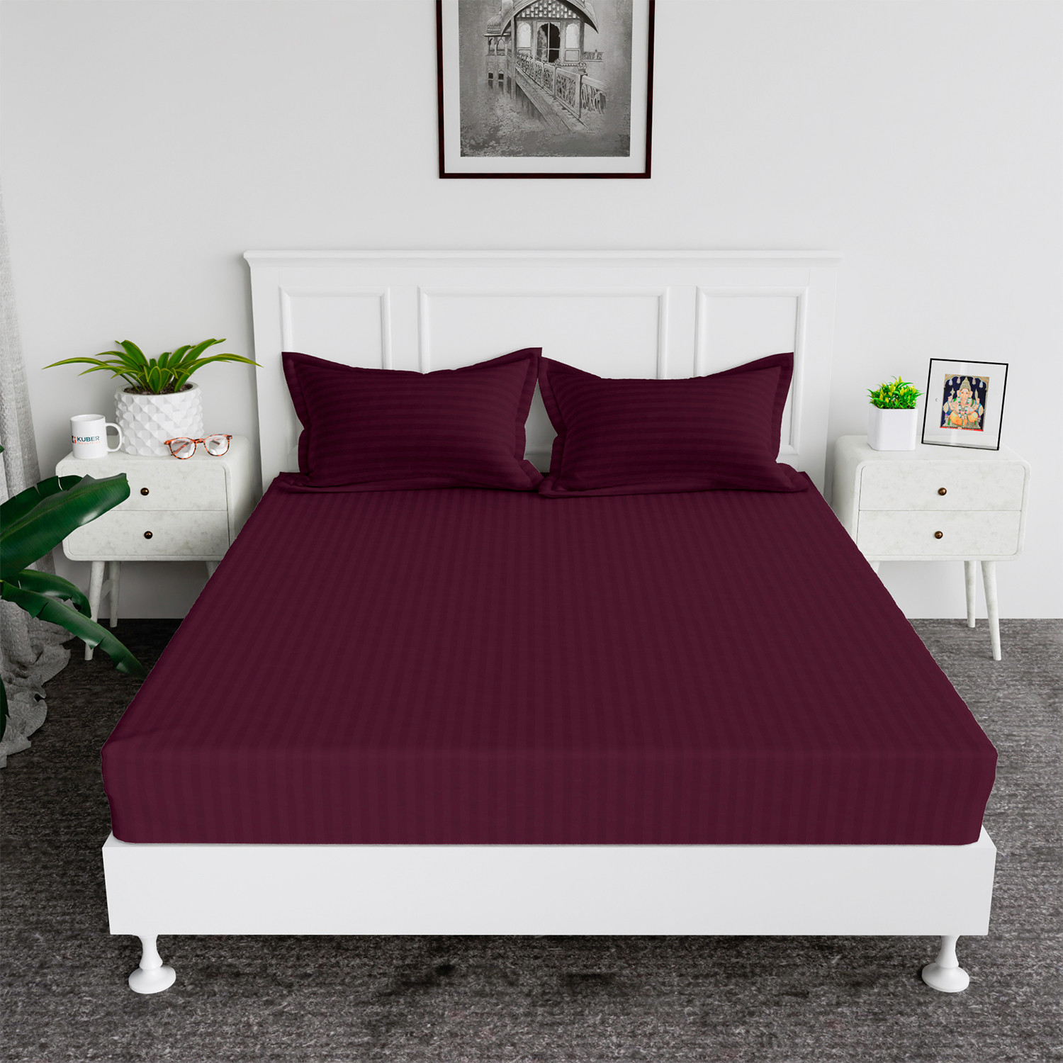 Kuber Industries Double Bedsheet with 2 Pillow Covers | 144 TC Glace Cotton Bedsheet | Satin Striped Bedsheet for Home | Hotel | Bedroom | 90x100 Inch | Maroon