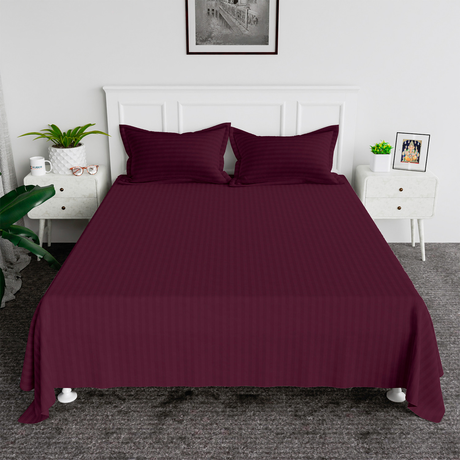 Kuber Industries Double Bedsheet with 2 Pillow Covers | 144 TC Glace Cotton Bedsheet | Satin Striped Bedsheet for Home | Hotel | Bedroom | 90x100 Inch | Maroon