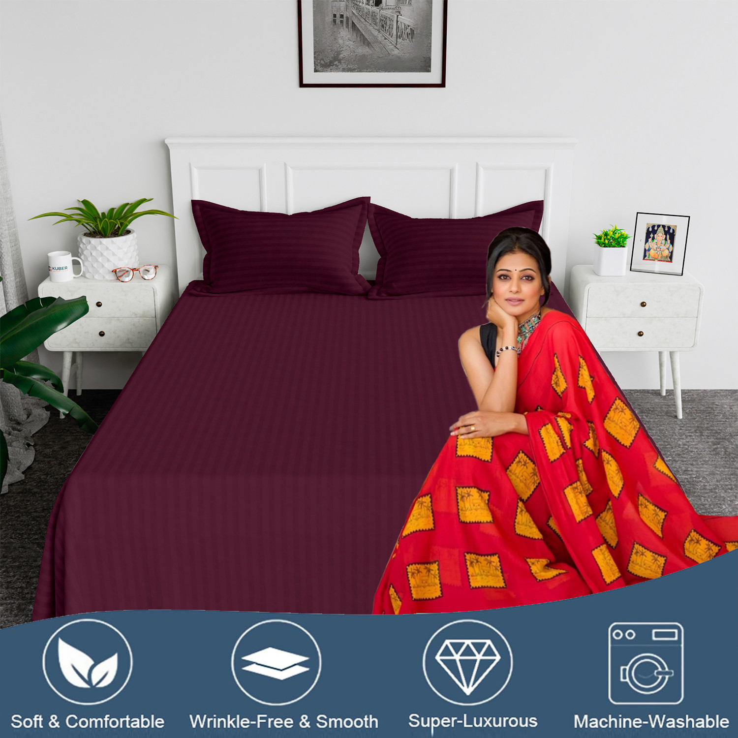 Kuber Industries Double Bedsheet with 2 Pillow Covers | 144 TC Glace Cotton Bedsheet | Satin Striped Bedsheet for Home | Hotel | Bedroom | 90x100 Inch | Maroon