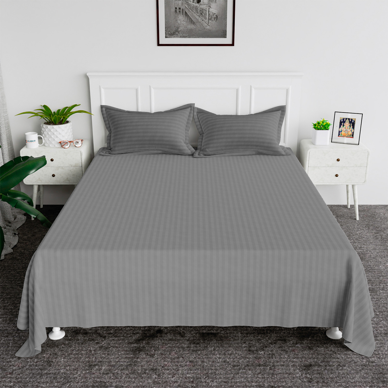 Kuber Industries Double Bedsheet with 2 Pillow Covers | 144 TC Glace Cotton Bedsheet | Satin Striped Bedsheet for Home | Hotel | Bedroom | 90x100 Inch | Gray