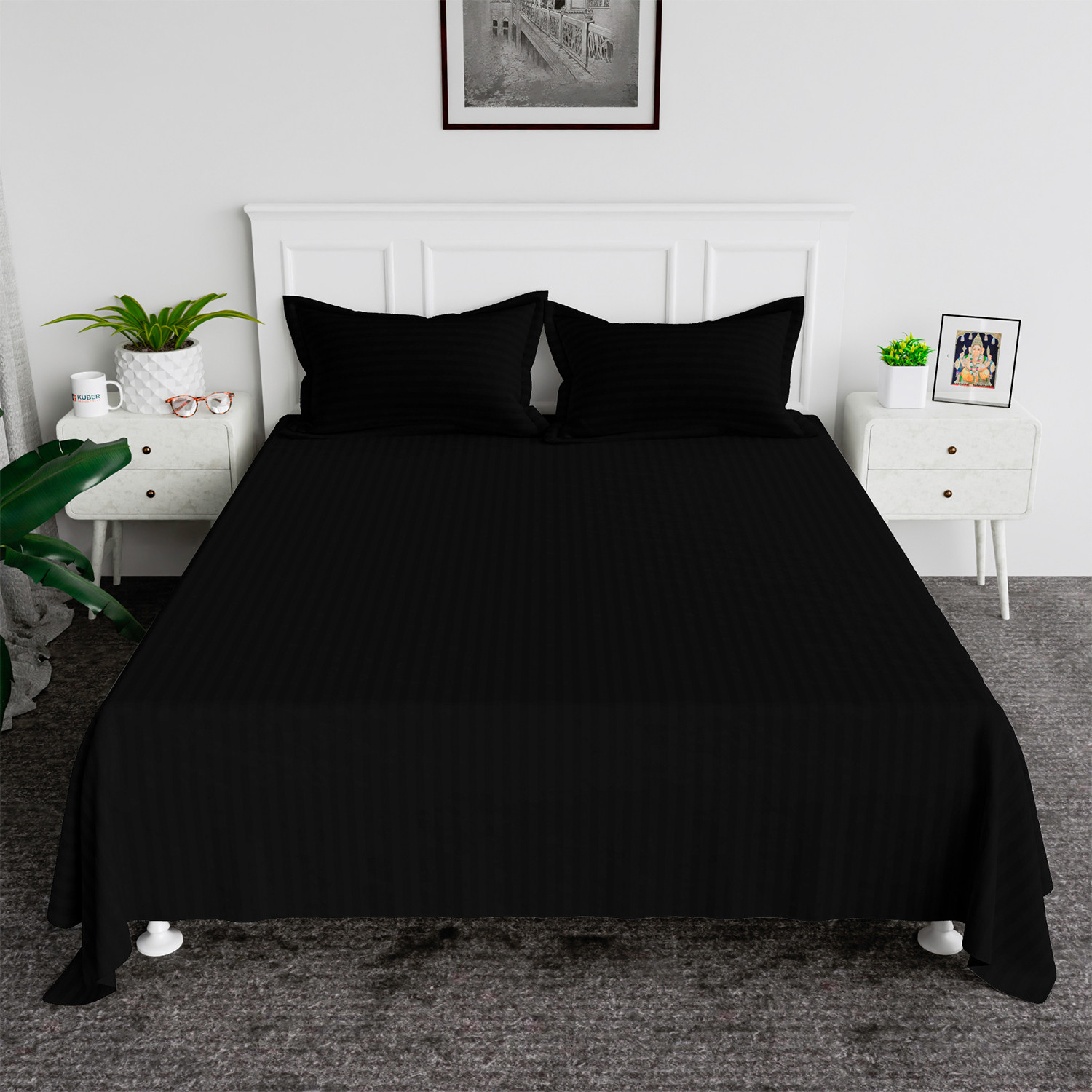 Kuber Industries Double Bedsheet with 2 Pillow Covers | 144 TC Glace Cotton Bedsheet | Satin Striped Bedsheet for Home | Hotel | Bedroom | 90x100 Inch | Black