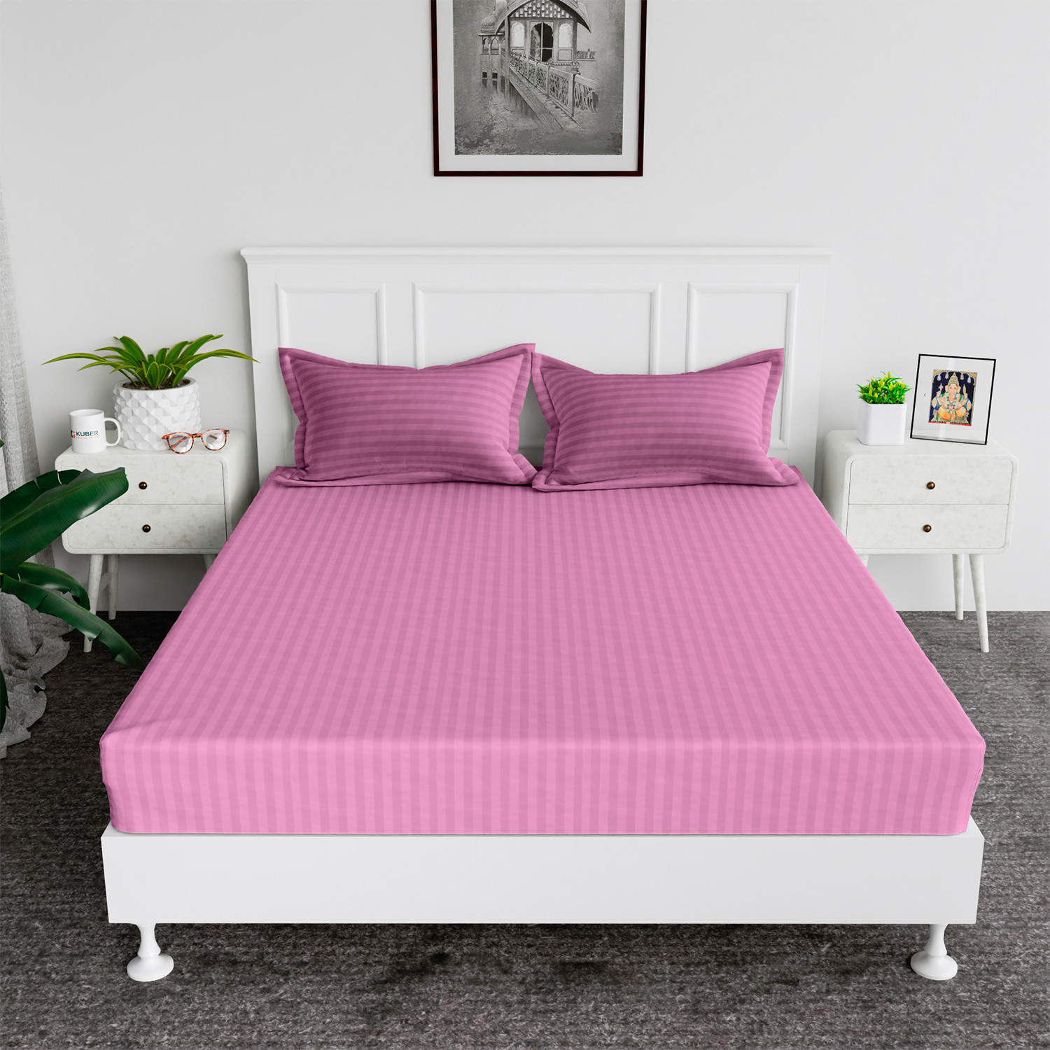 Kuber Industries Double Bedsheet with 2 Pillow Covers | 144 TC Glace Cotton Bedsheet | Satin Striped Bedsheet for Home | Hotel | Bedroom | 90x100 Inch | Pink