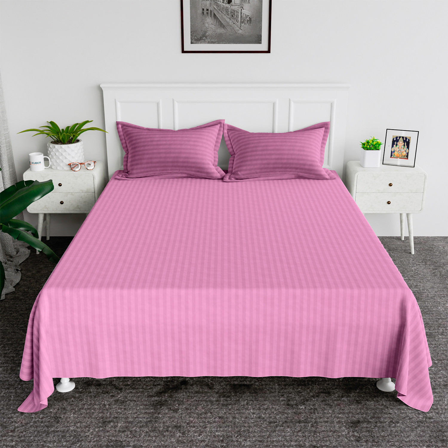 Kuber Industries Double Bedsheet with 2 Pillow Covers | 144 TC Glace Cotton Bedsheet | Satin Striped Bedsheet for Home | Hotel | Bedroom | 90x100 Inch | Pink