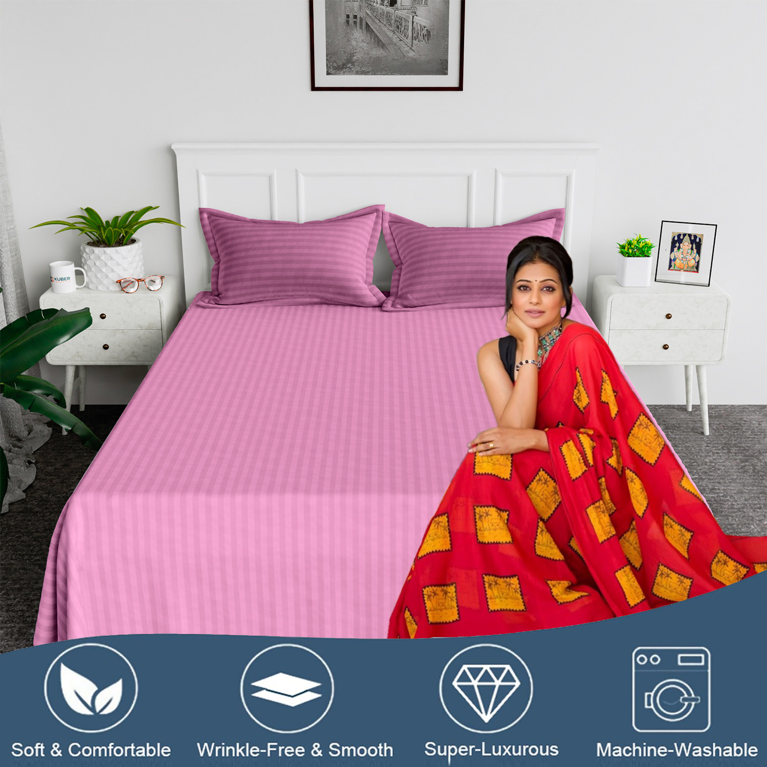 Kuber Industries Double Bedsheet with 2 Pillow Covers | 144 TC Glace Cotton Bedsheet | Satin Striped Bedsheet for Home | Hotel | Bedroom | 90x100 Inch | Pink