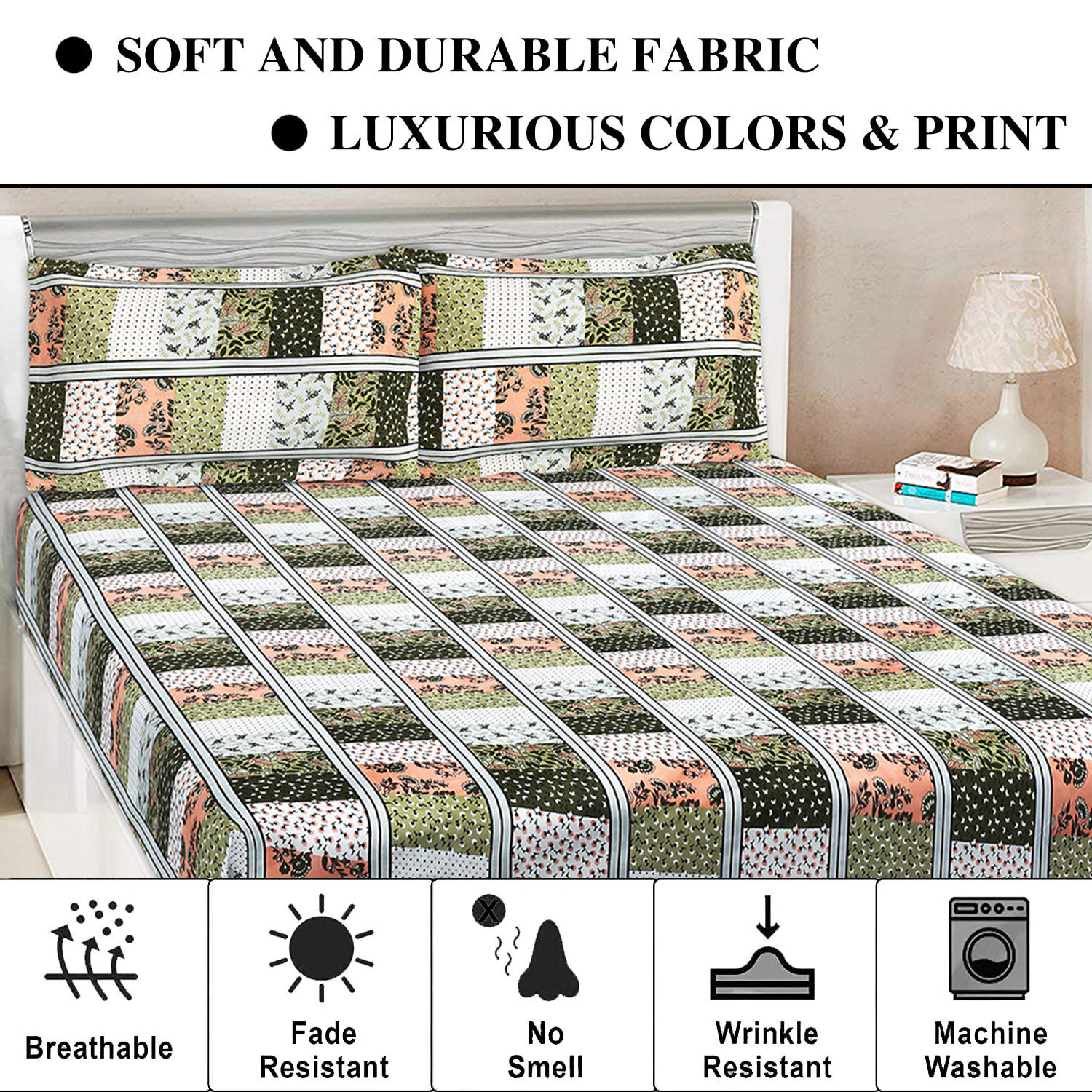 Kuber Industries Double Bedsheet with 2 Pillow Covers | 144 TC Glace Cotton Flower Check Print Bedsheet For Living Room | Bedroom | 90x100 Inch | Green